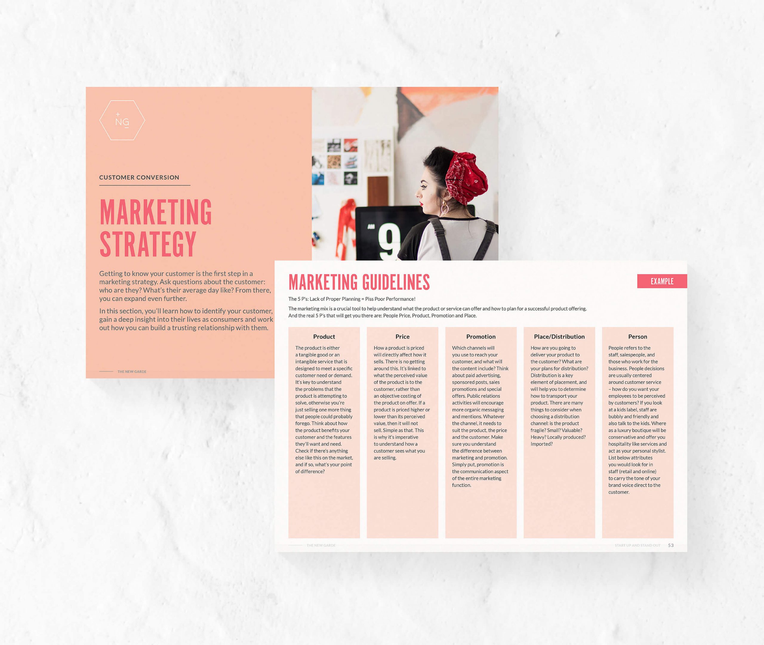 two pages from The New Garde ebook regarding marketing for fashion labels