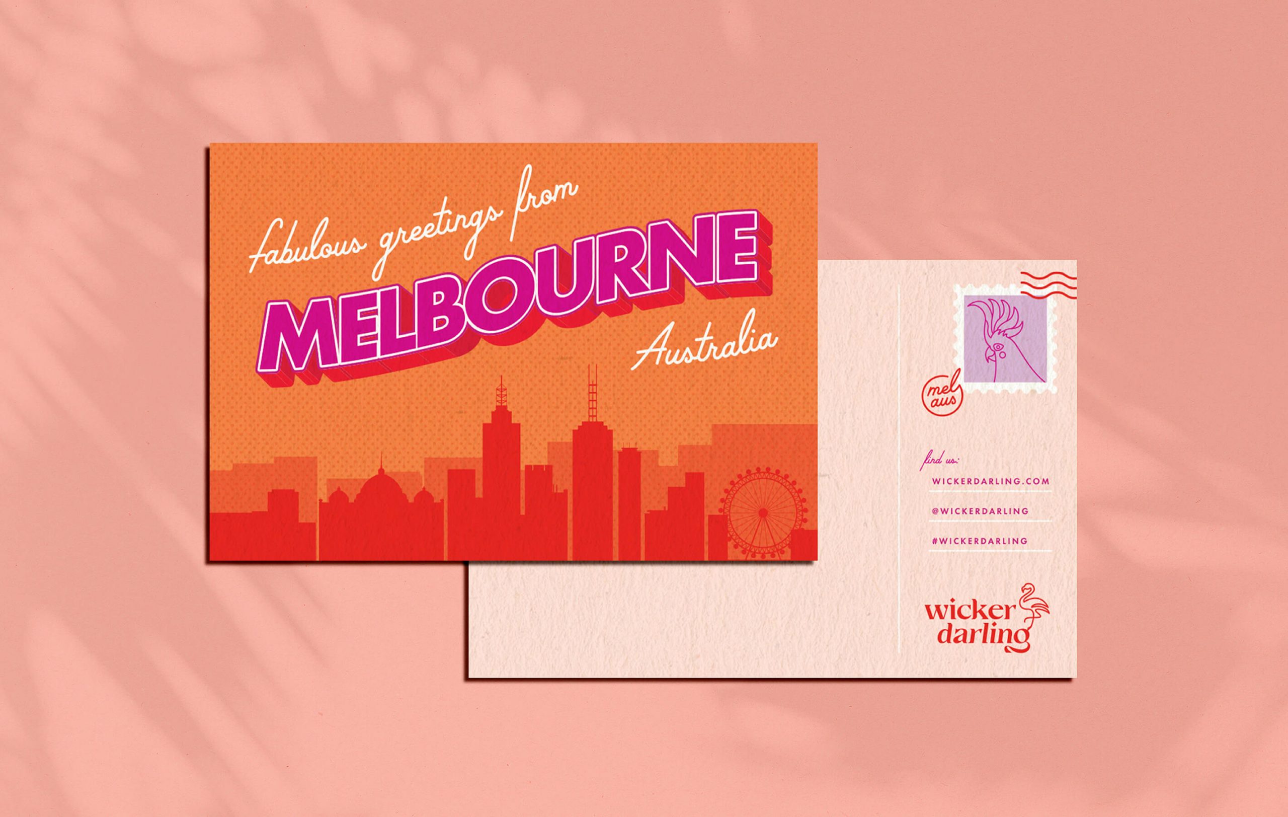 Vintage style postcode of Melbourne Australia. The back is a Wicker Darling thank you card for custom packaging.