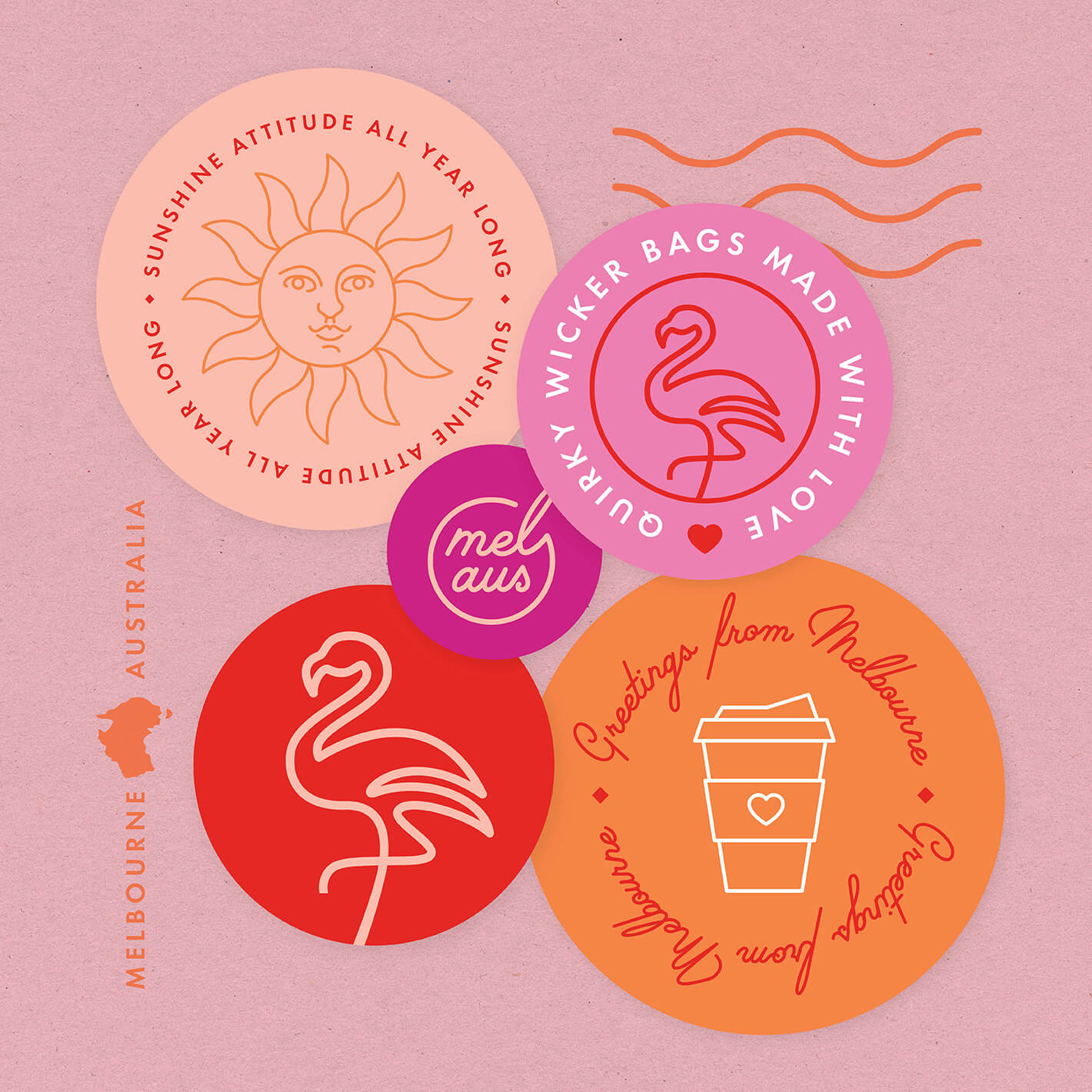 Image of branded stickers for use on sending orders. They are bright pinks and oranges and are in a vintage stamp style