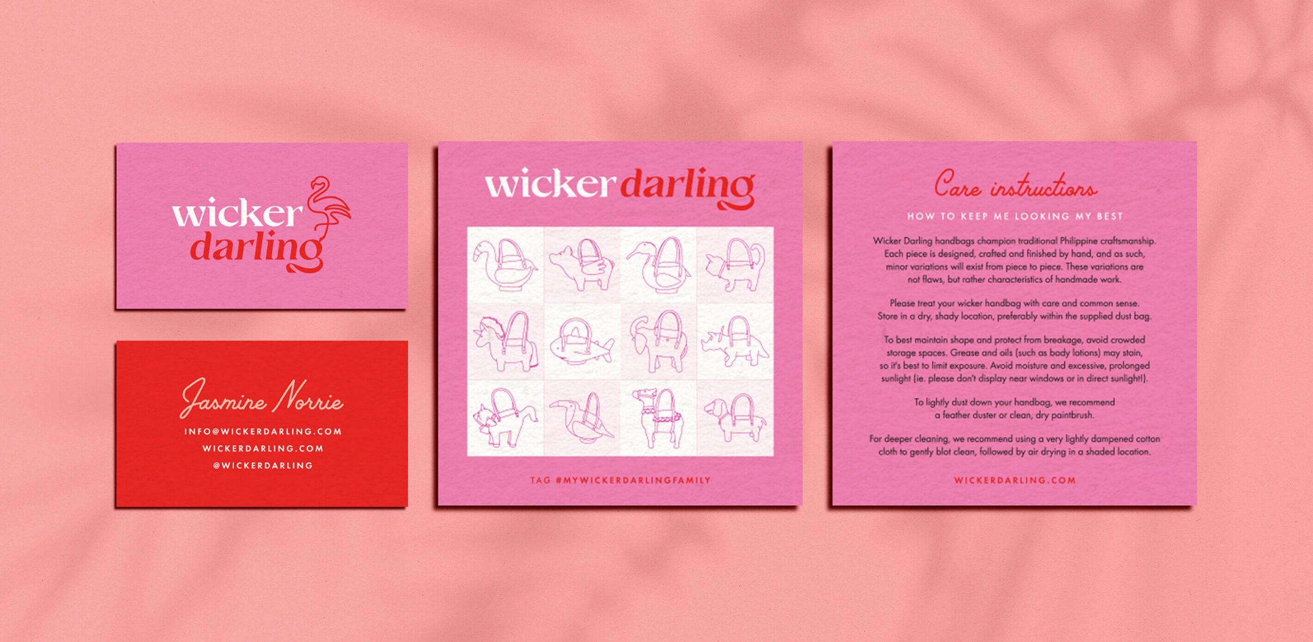 Wicker darling print collateral. There is a branded business card and a card with care instructions that has a side in teh style of a vintage bingo grid.