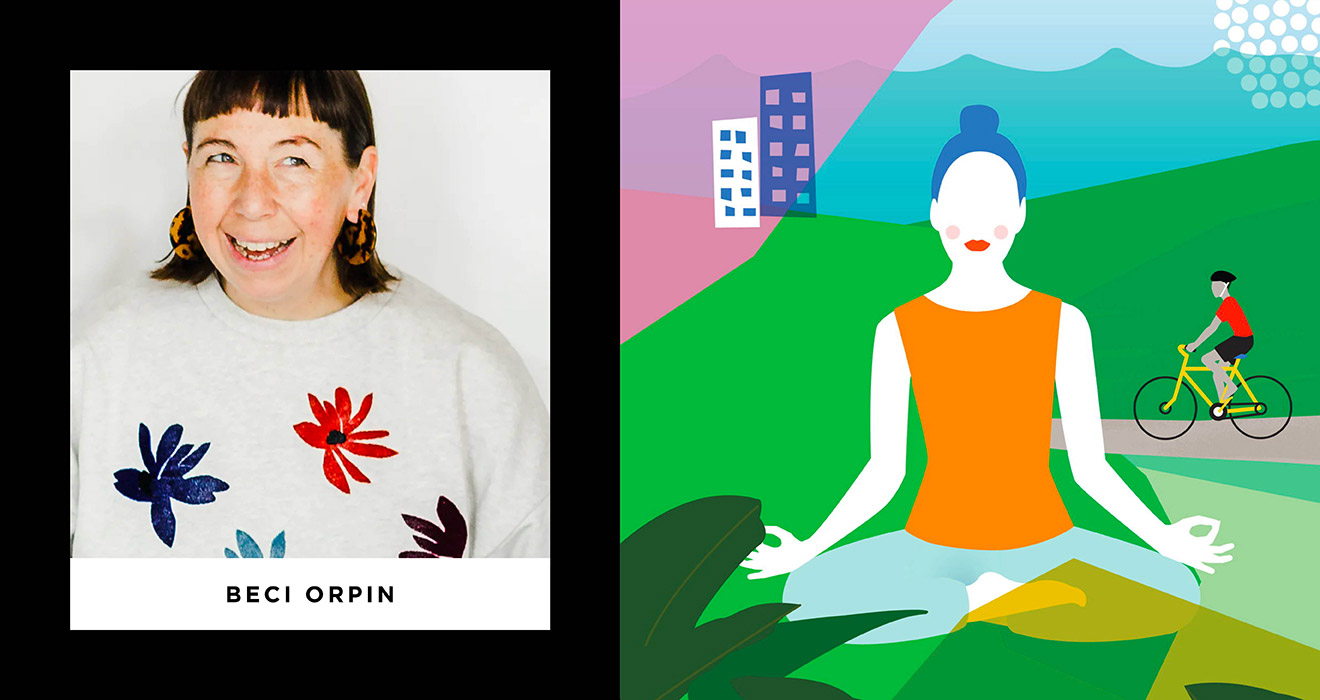 Image of Beci in a flower sweater alongside her bright, bold illustration style of a woman doing yoga