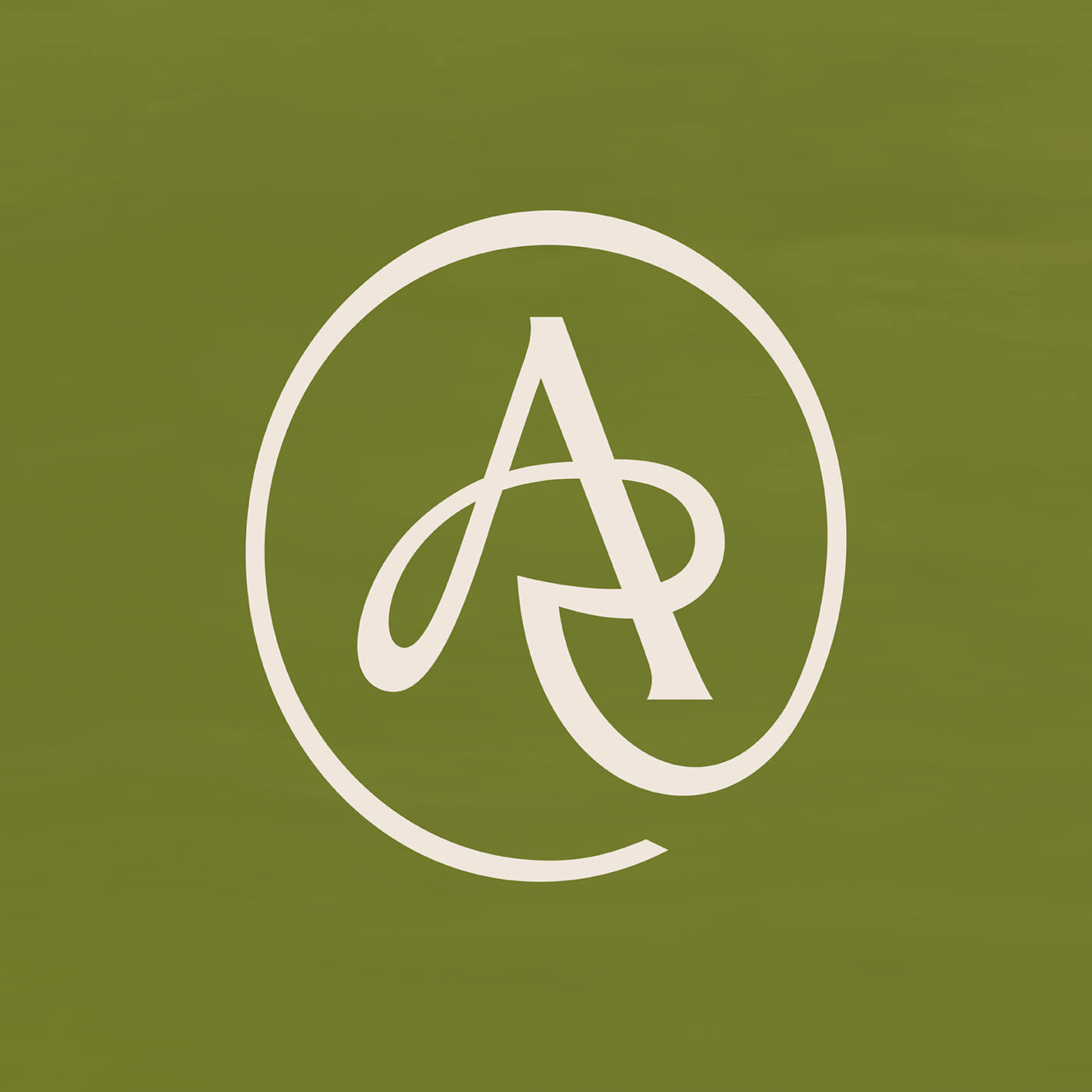 Brand identity case study image of the Anna Rogan brand icon in cream on a dusty green background.