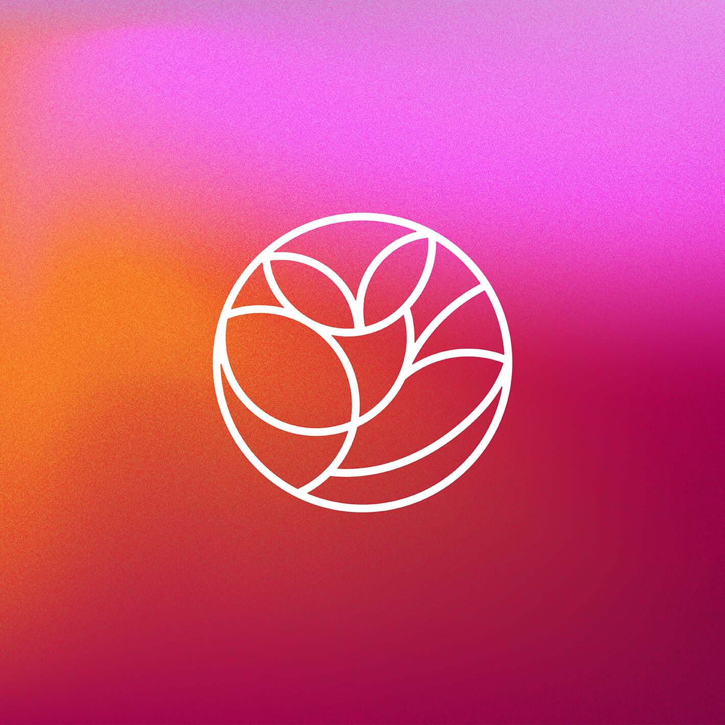 Rebranding case study image of a rich purple, pink and yellow gradient with the HeartRadiance brand icon in white. The mark features curvy lines resembling a flower contained in a circle shape.