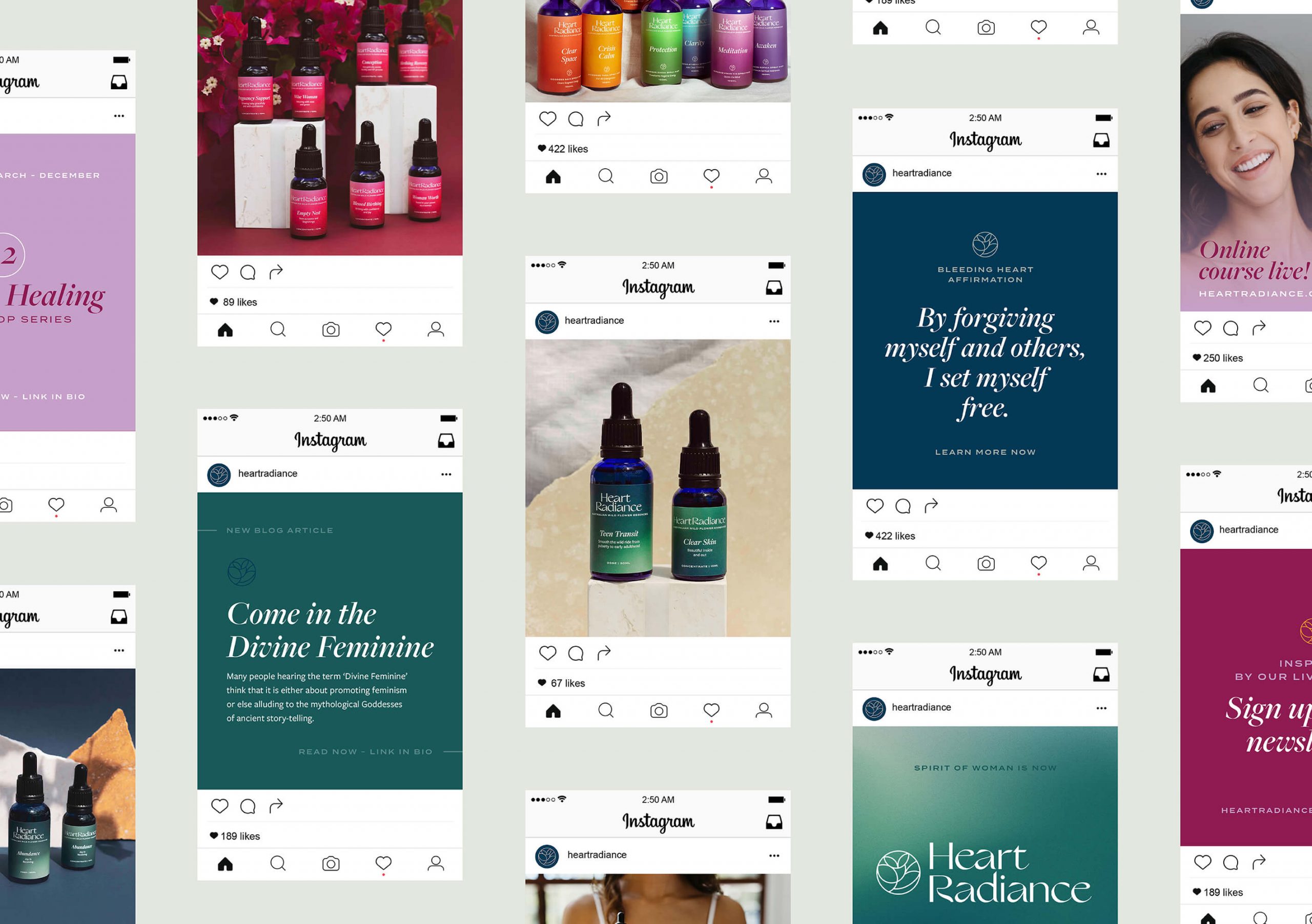 Brand identity case study image of HeartRadiance’s social media templates. The imagery shows the jewel toned colour palette, elegant typography and beautiful product photography.