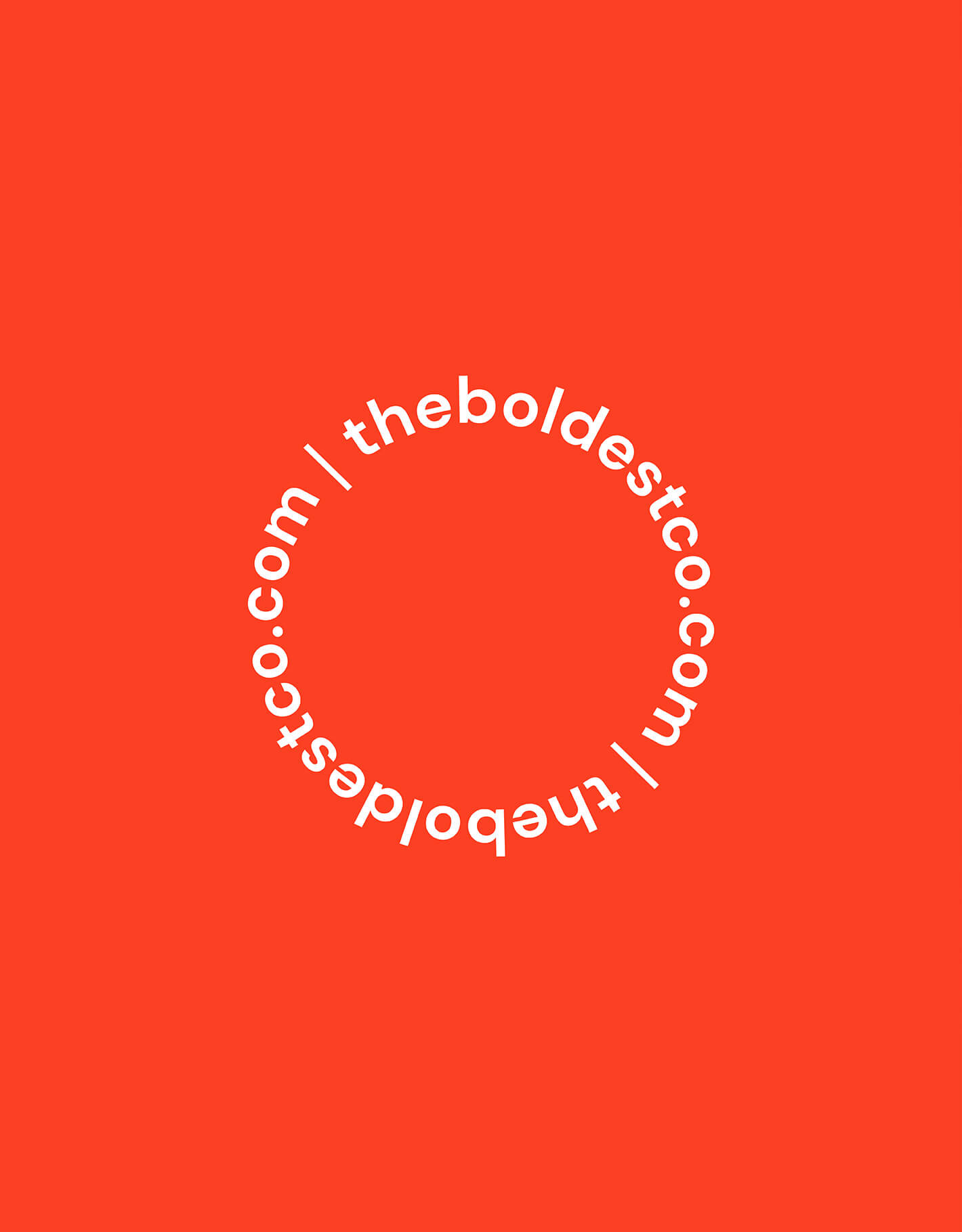 One of the The Boldest Co supporting brand marks shows the URL arranged in a circle on a bright red background.