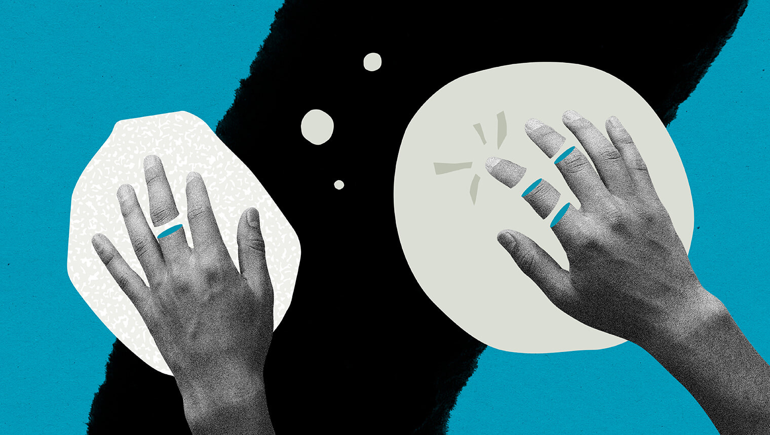A thumbnail for my brand design portfolio for the Social Proof Sidekick ebook. The image shows a collage with two black and white hands hovering over a blue and black background.