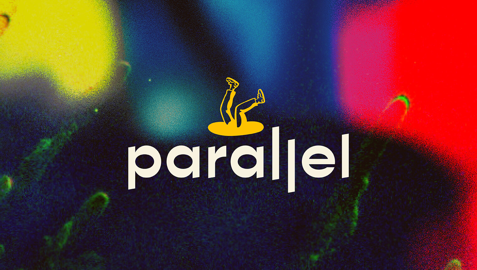 Brand design portfolio cover image for Parallel that contains a spacey-textured image with a noisy primary-coloured gradient overlaying. In the centre is the Parallel logo- a simple sans serif logotype with a small yellow illustrative icon of a pair of legs falling into a hole.