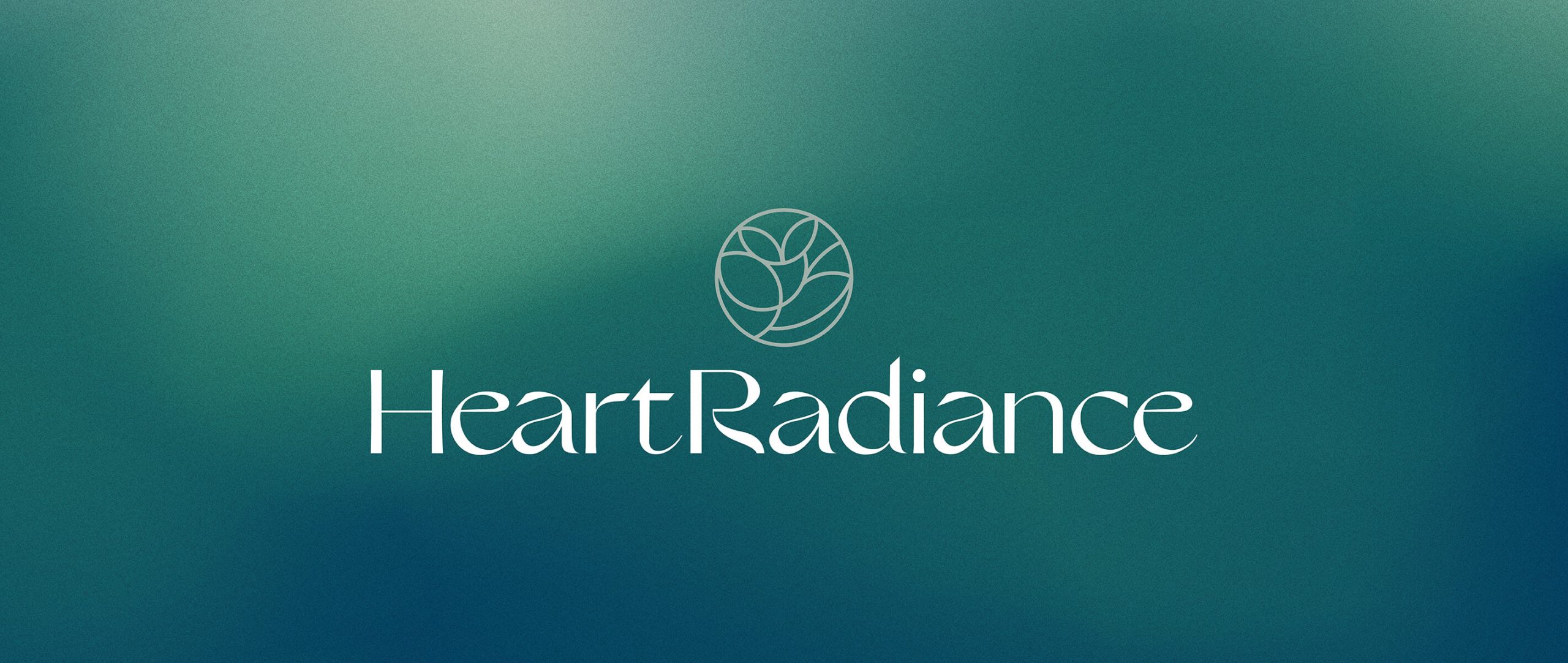 Brand design portfolio image of a green and blue hazy gradient with the HeartRadiance logo on top of it in cream. An elegant semi-serif typeface is used in the logotype while a floral-esque circle icon appears in green above.