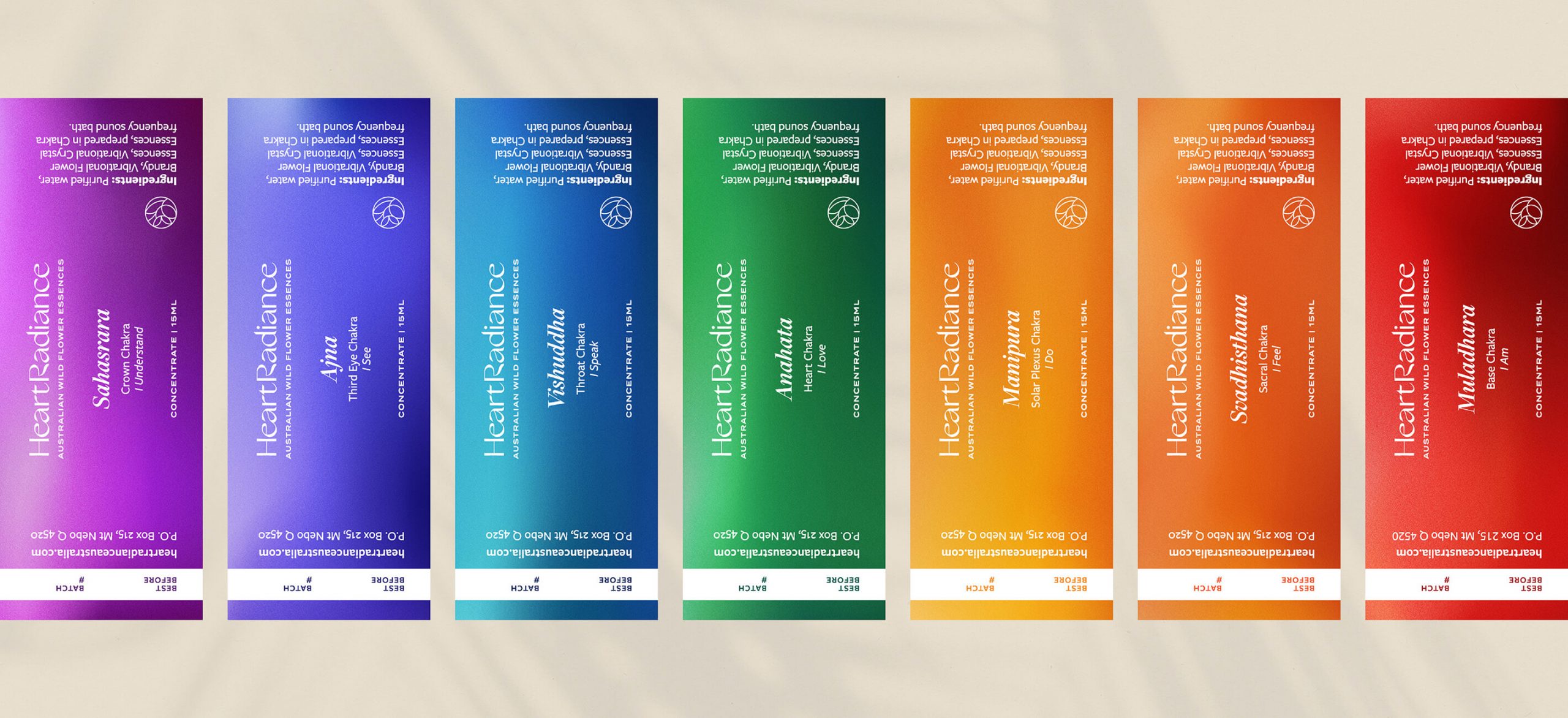 Brand identity case study showing the range of chakra products for HeartRadiance. Each label has its own hazy gradient and features elegant white typography.