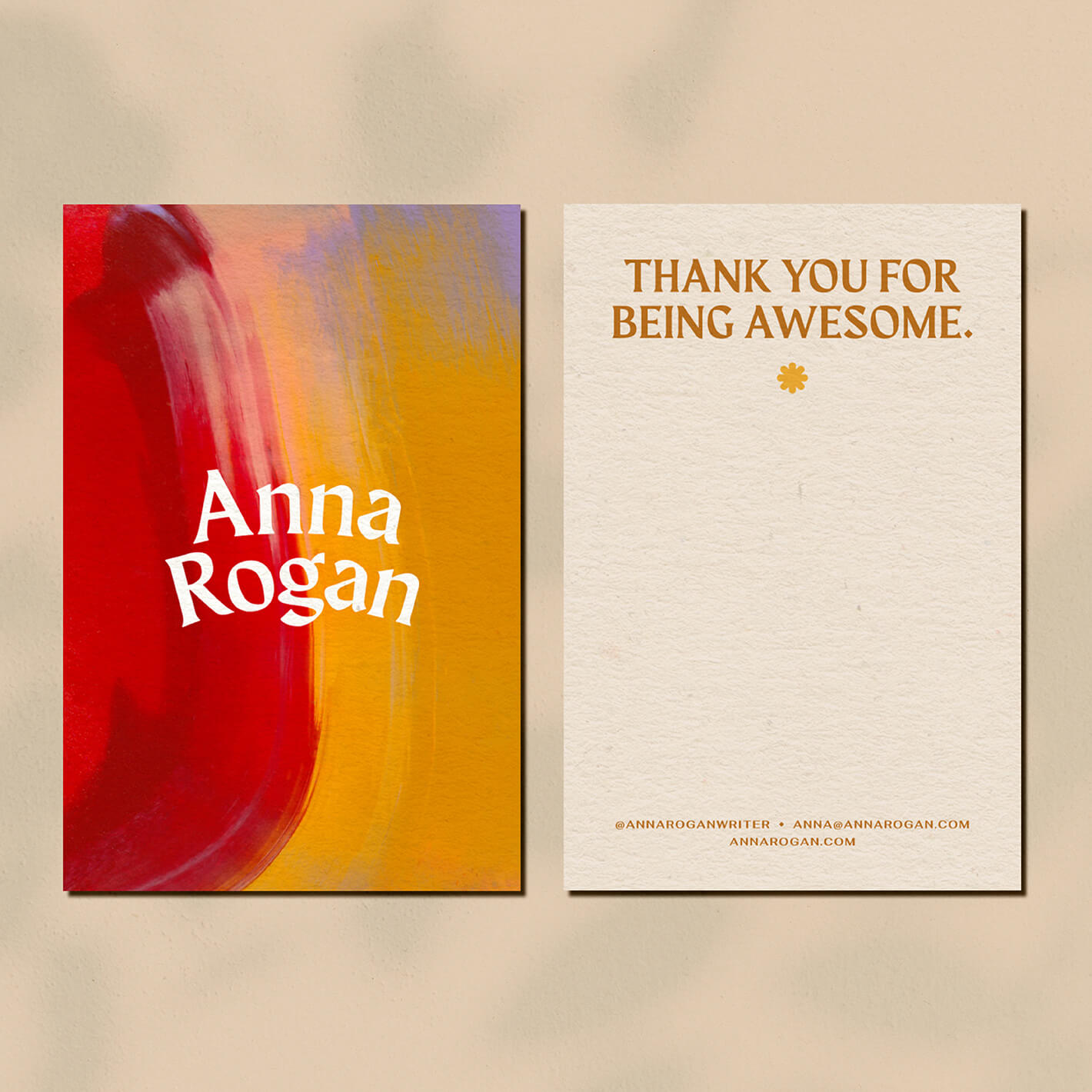 Brand design portfolio image of Anna Rogan’s thank you cards. The front image features the brand logo on a red, yellow and purple painted background while the back features room for a message and the phrase ‘ that you for being awesome’.