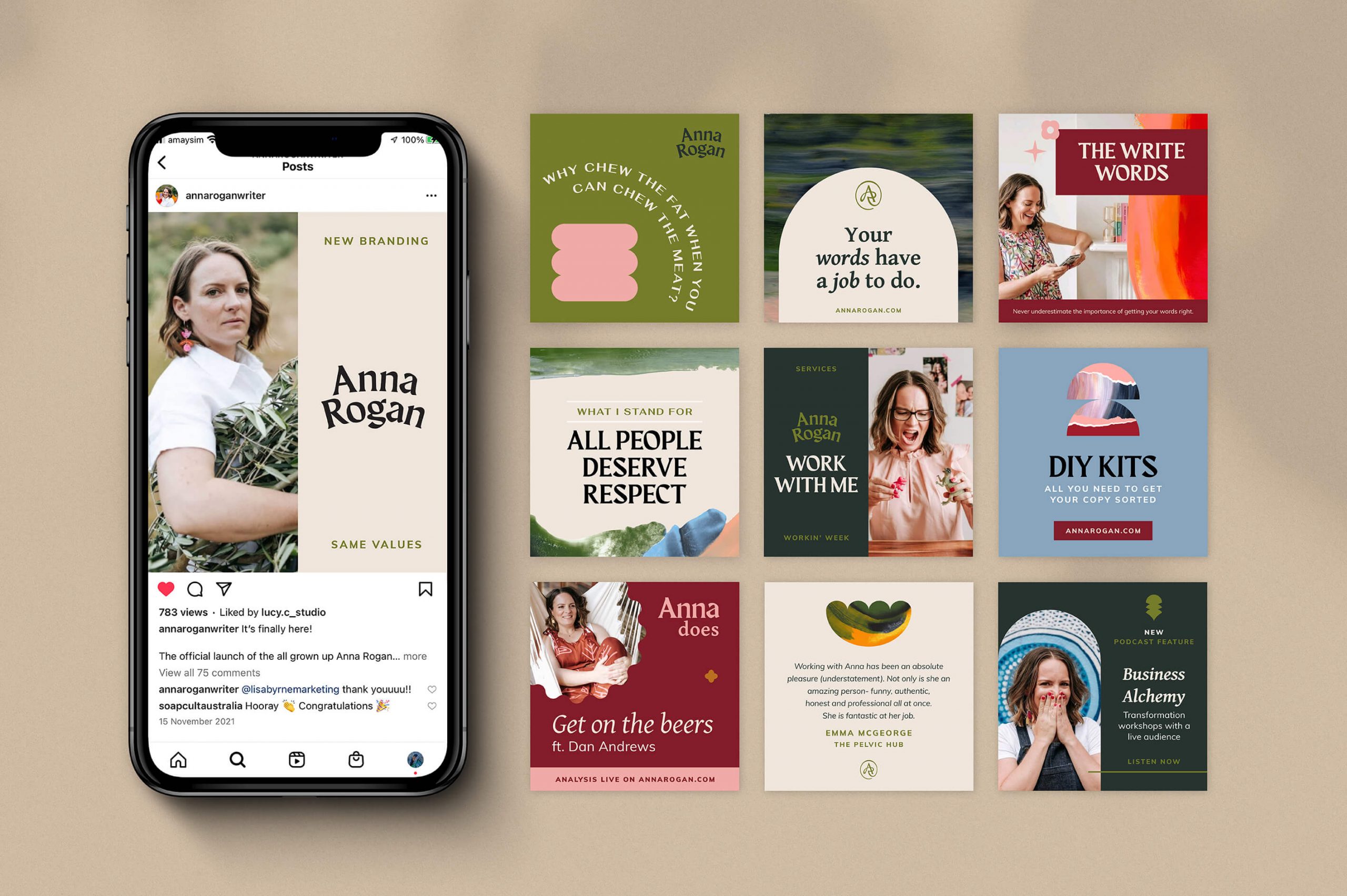 Brand identity case study image of Anna Rogan’s social media templates. The imagery shows the Australian inspired colour palette, paint support graphics and expressive typography.