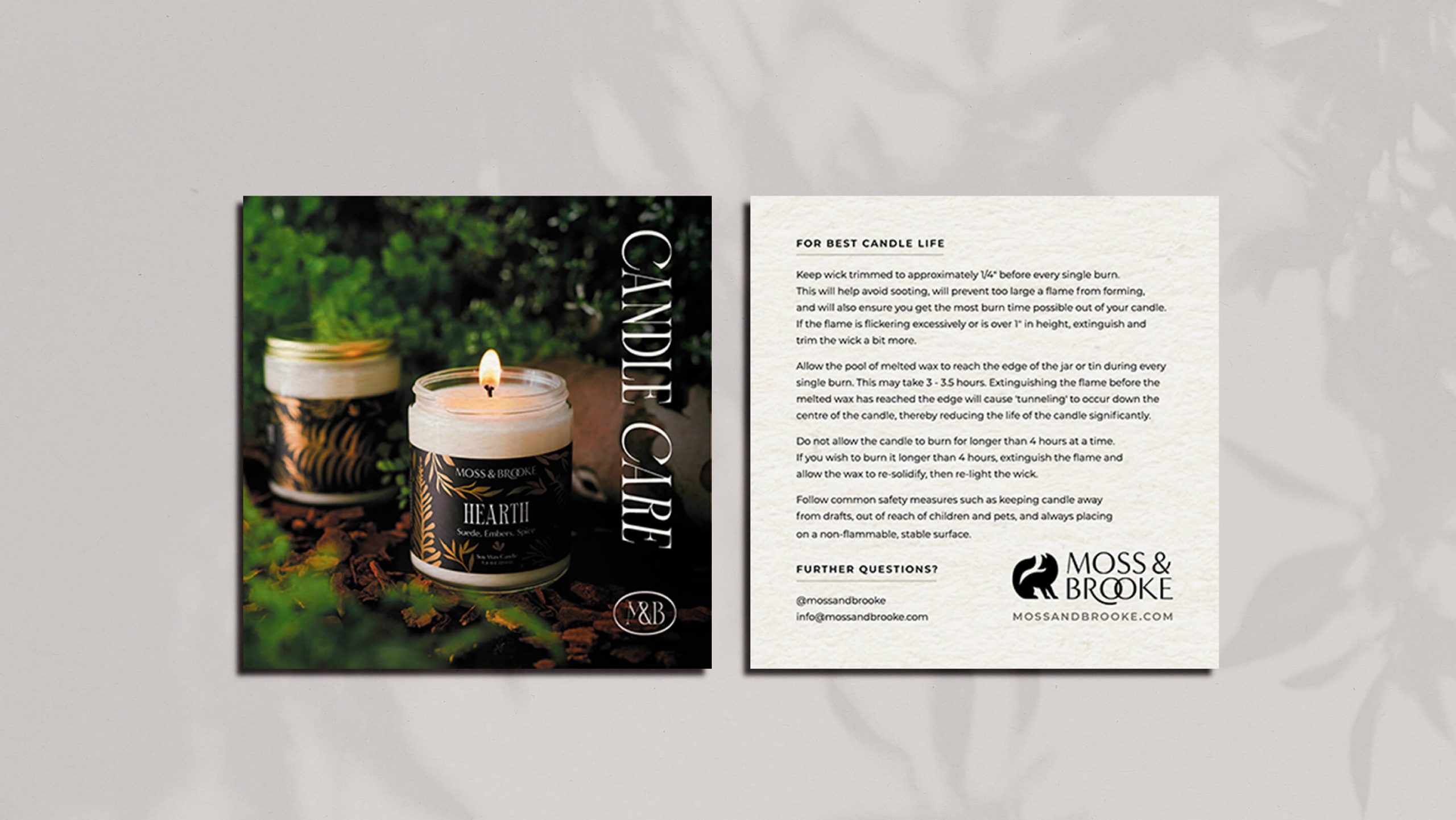 candle care card using strategic brand identity created for moss and brook botanical perfumery