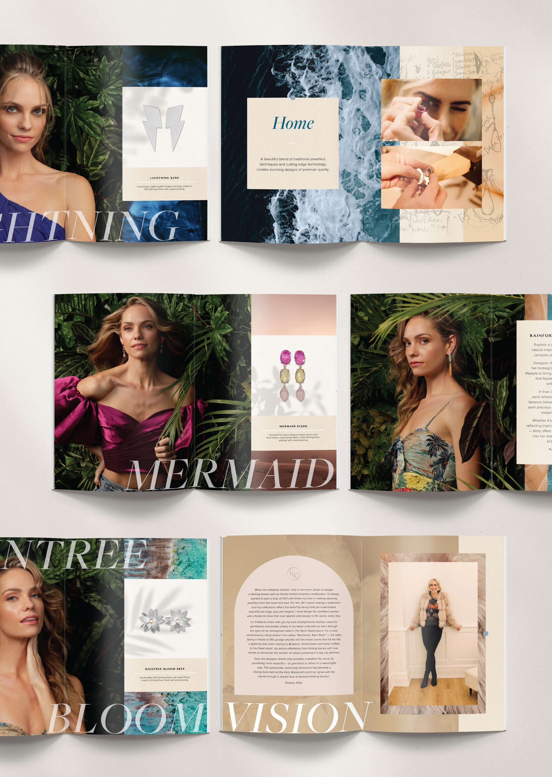Custom lookbook design created for jewellery designer kelly woodcroft features bold design aesthetic and beautiful campaign imagery