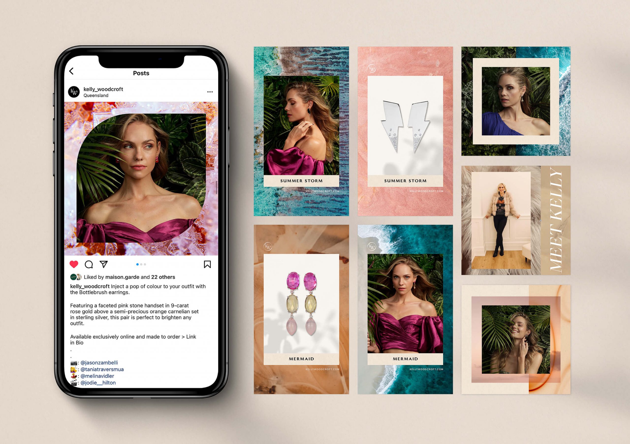fashion designer social media templates created for kelly woodcroft appear on an iphone and to the side of the canva composition