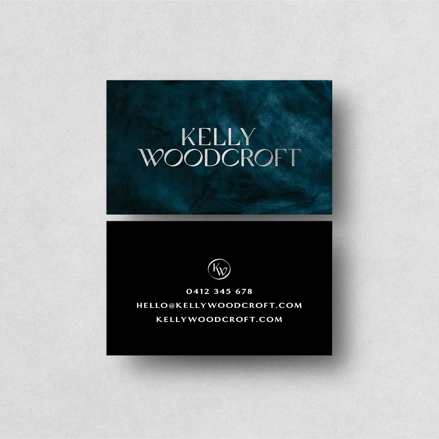 lush silver foil business card designs for fashion designer kelly woodcroft
