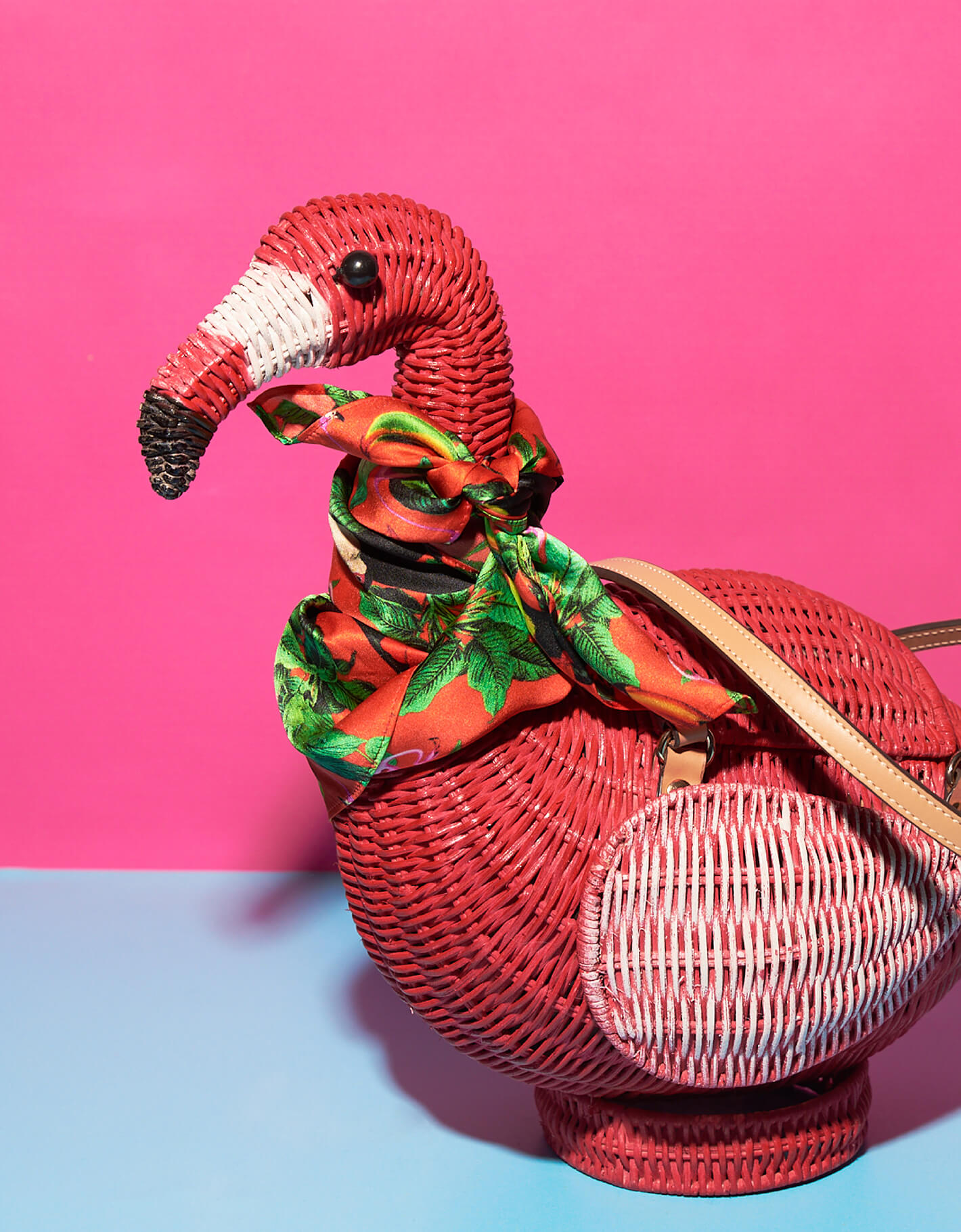 Wicker darling flamingo purse wearing custom surface designed tropical scarf