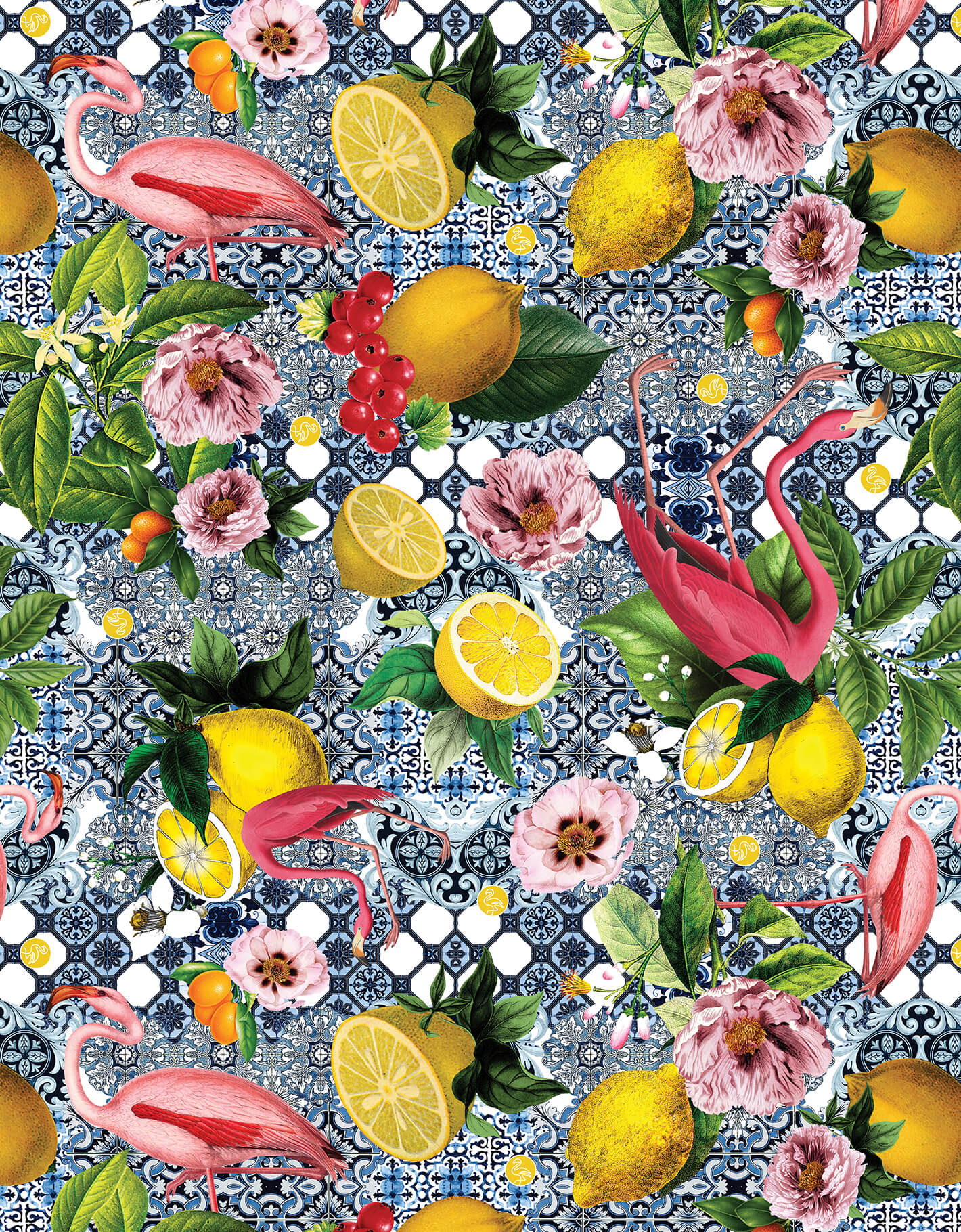 Flamingo, lemons and flowers on blue tiles form the surface pattern design of this wicker darling scarf