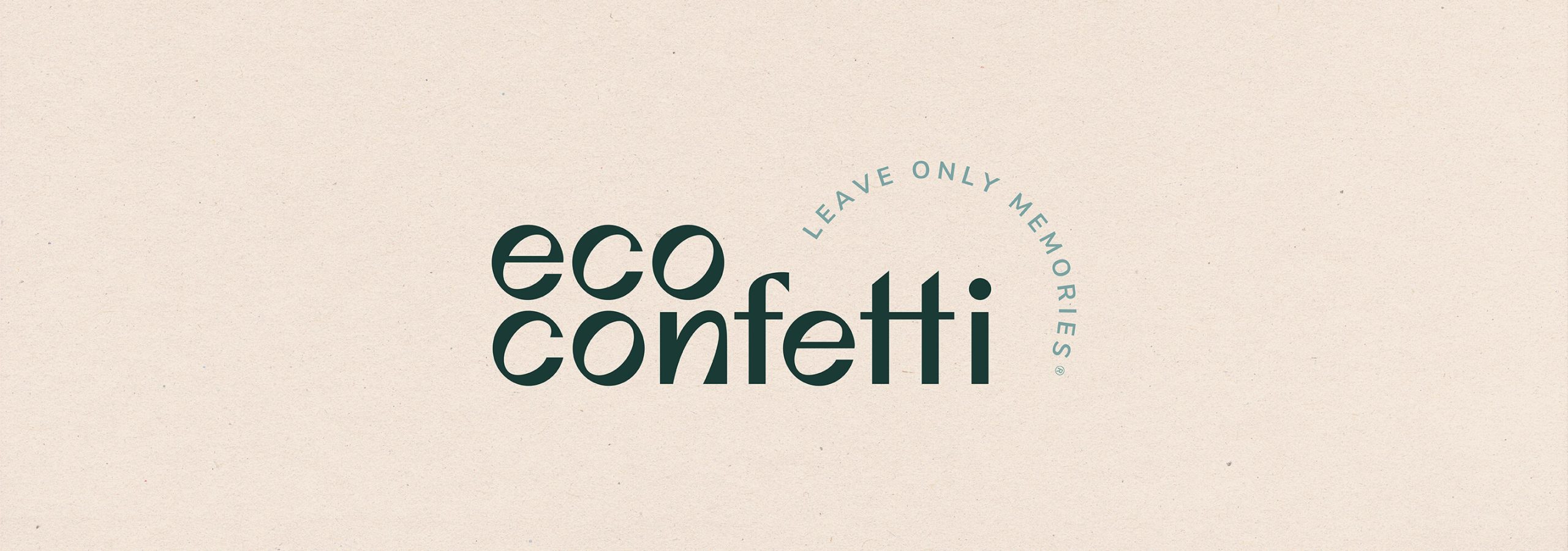 Rebranding case study image of the Eco Confetti logo on a create coloured background. The lower-case sans-serif logo features rounded styling inline with a retro Italian feel with the brand tagline ‘leave only memories’ arching above it.