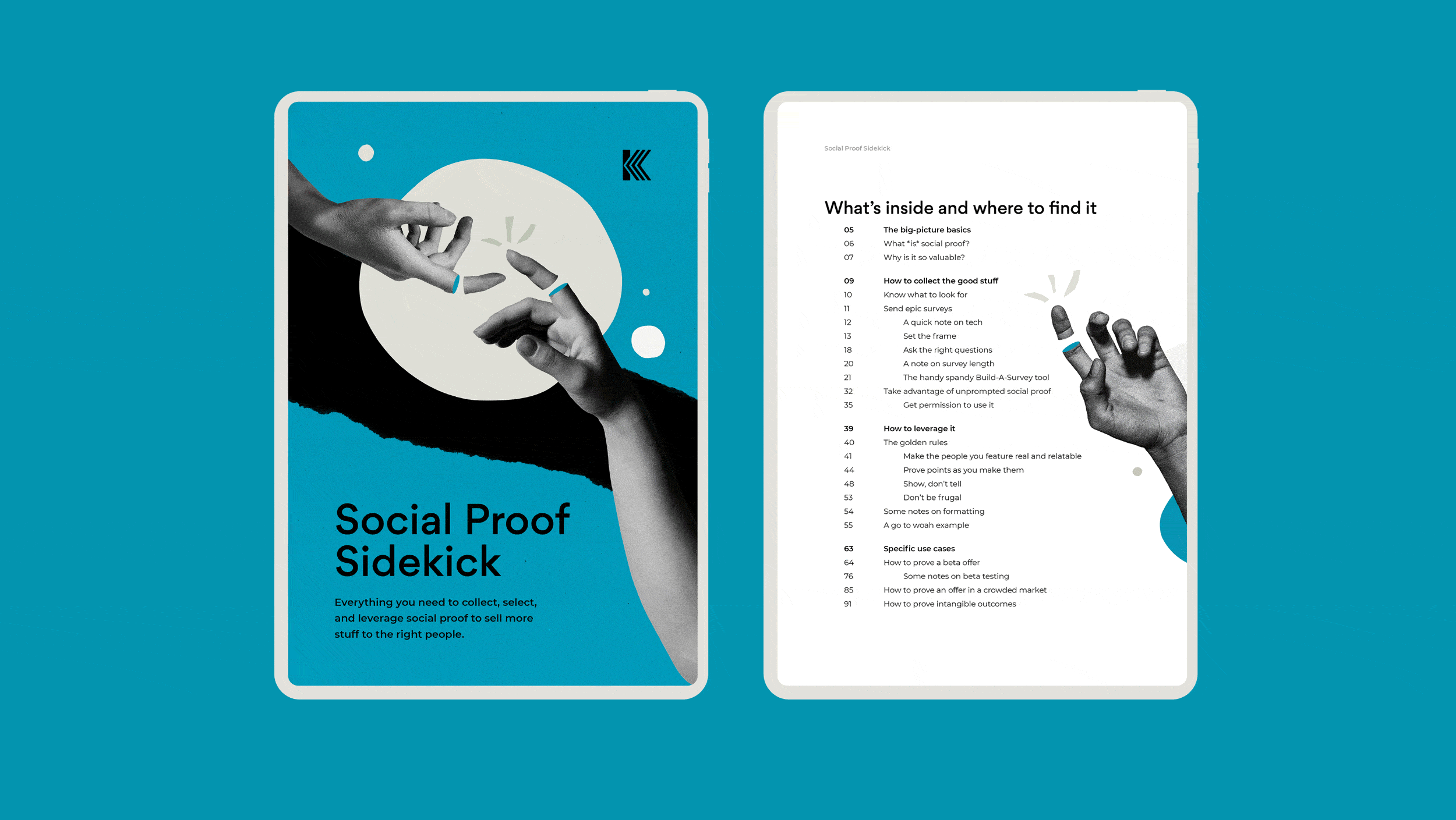 Brand identity case study for the social proof sidekick shows two ipads on a blue background cycling between pages of the ebook. A clean layout, annotations and title page collages are present.