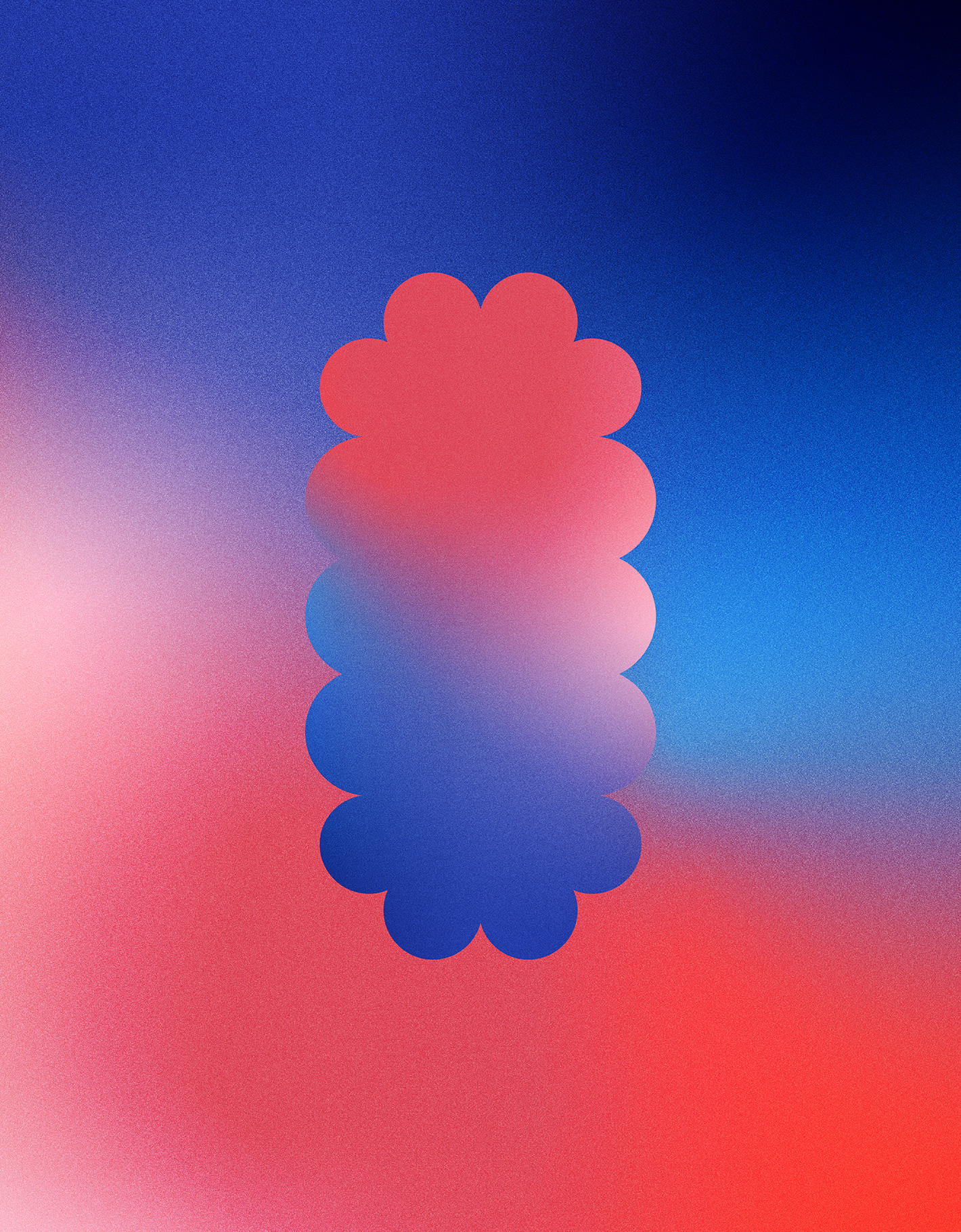 Brand identity case study image shows a Sarah Stanford support graphic. A blobby shape with a red and blue gradient appears on the same gradient background.