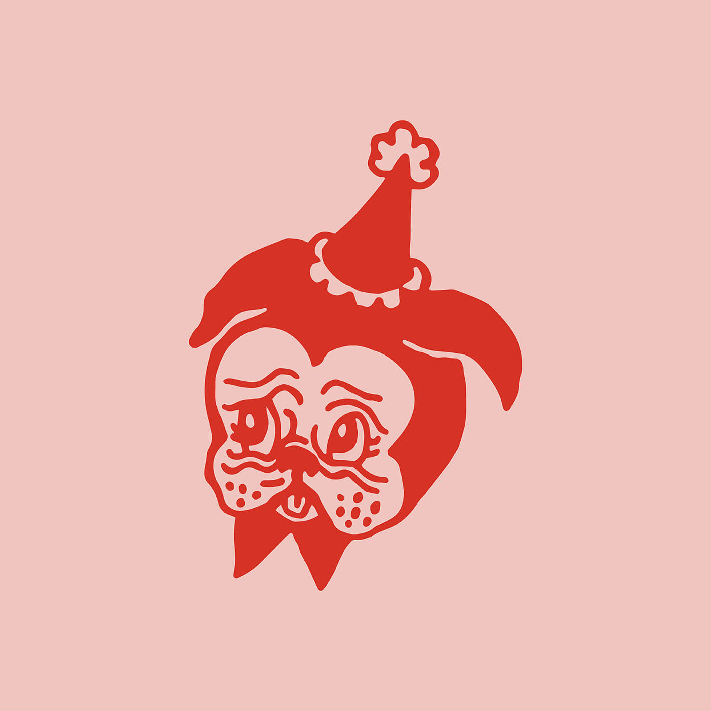 Brand design portfolio image of the Candy & Kitsch brand icon of a red pug in a party hat on a pink background.