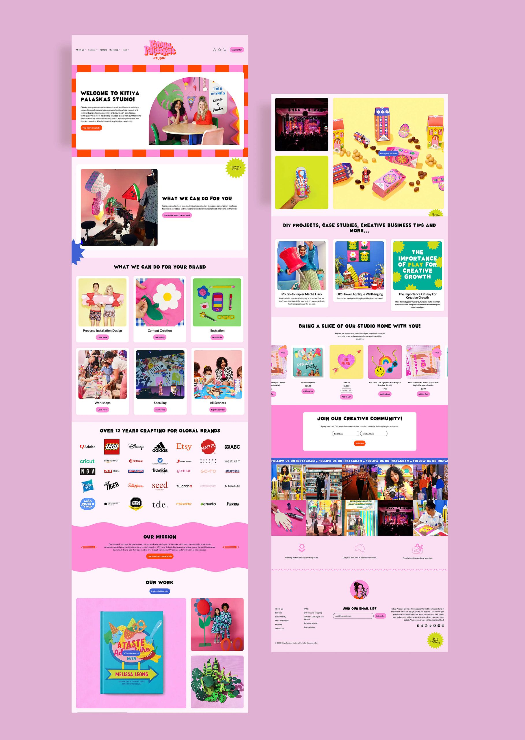 Brand identity case study image of Kitiya Palaskas’ homepage of their Shopify website. The layout features many sections and showcases the bright brand colours and consistent photographic style.