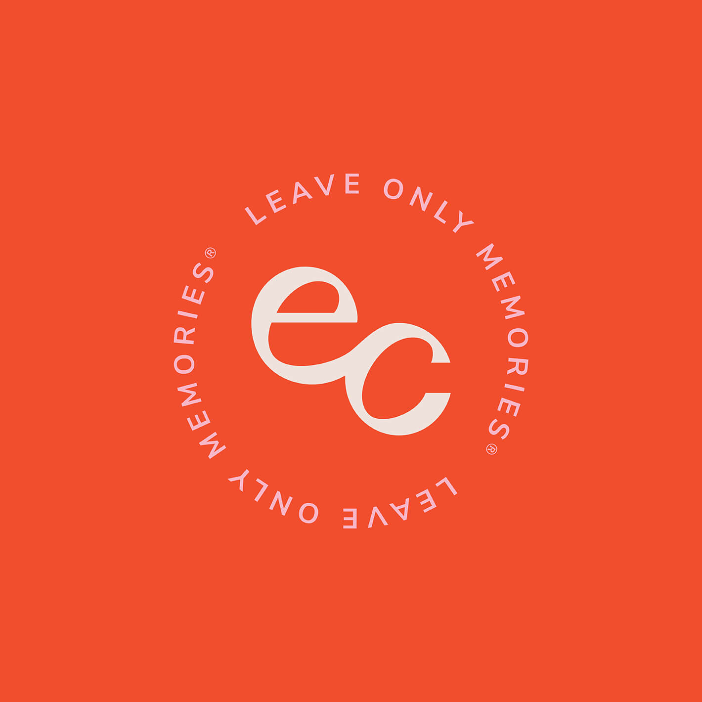 Rebranding case study image of the Eco Confetti brand seal. An interlinked ‘e’ and ‘c’ are surrounded with ‘leave only memories’ arranged in a circle on a bright orange background.