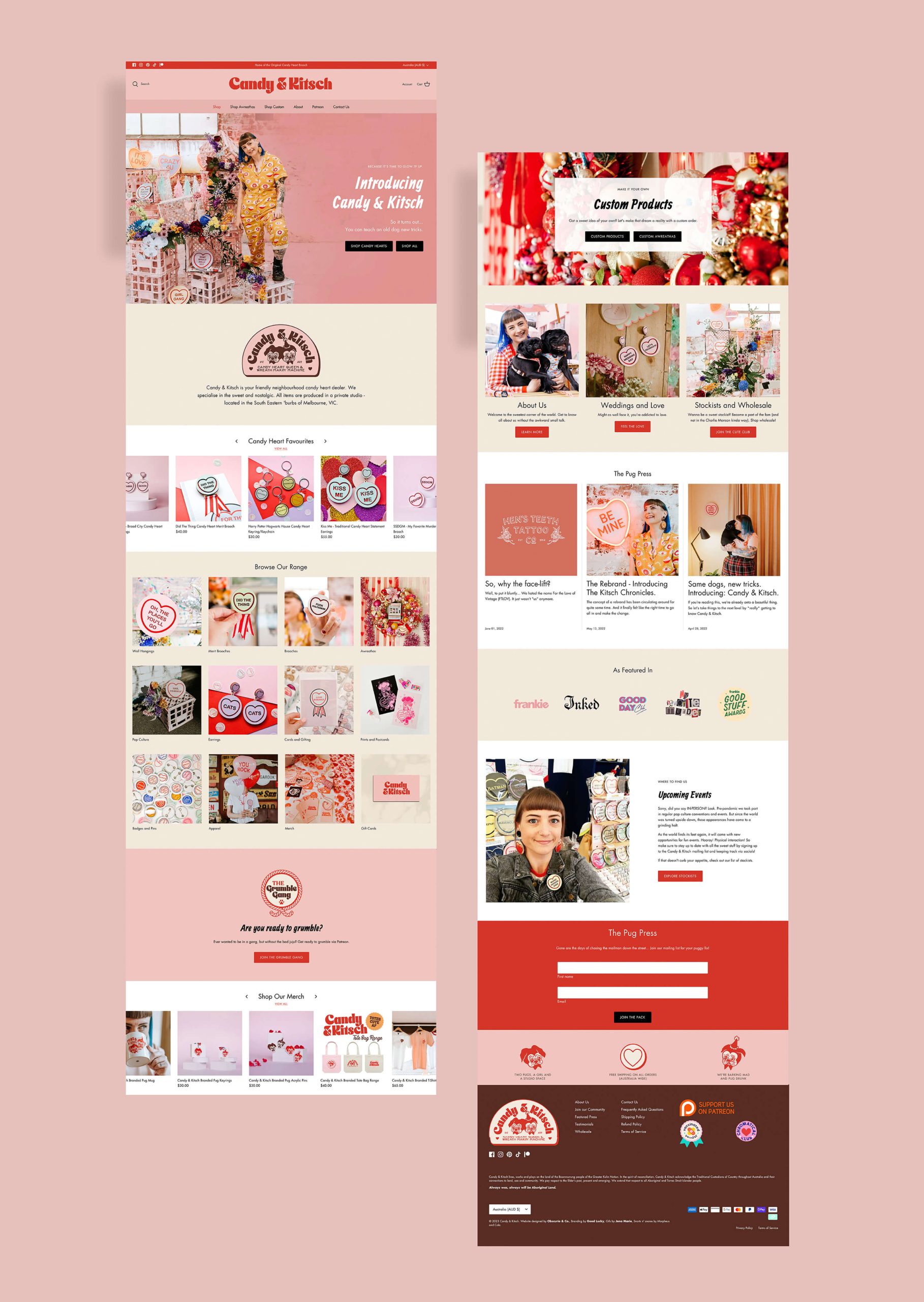 Brand identity case study image of Candy & Kitsch’s homepage of their Shopify website. The layout features many sections and showcases the bright brand colours and consistent photographic style.