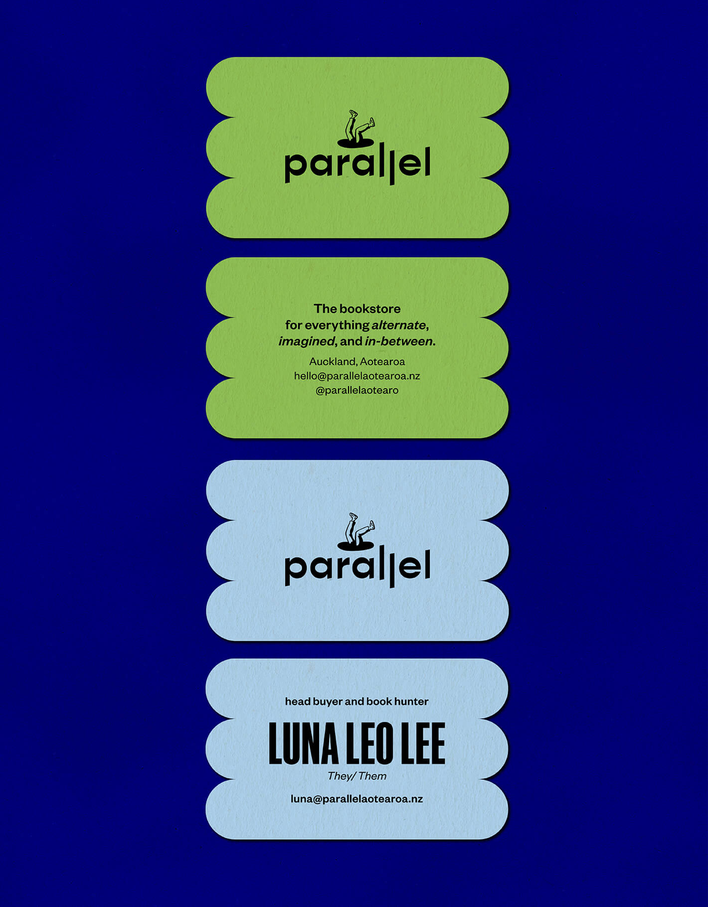 Brand identity case study for Parallel shows the two business cards. Both featuring a custom dieline and ‘blobby’ shape with a light green card being ‘generic’ for the store while a light blue one features contact details for founder Luna.