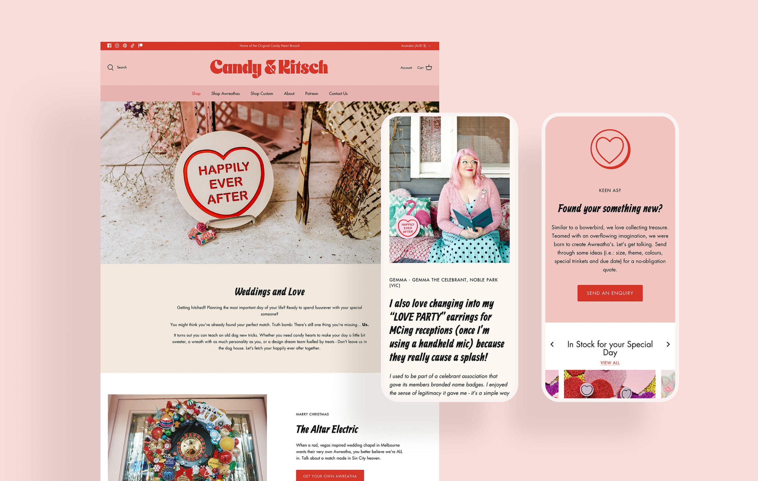 Brand identity case study image of some of Candy & Kitsch’s wedding content pages on desktop and mobile.