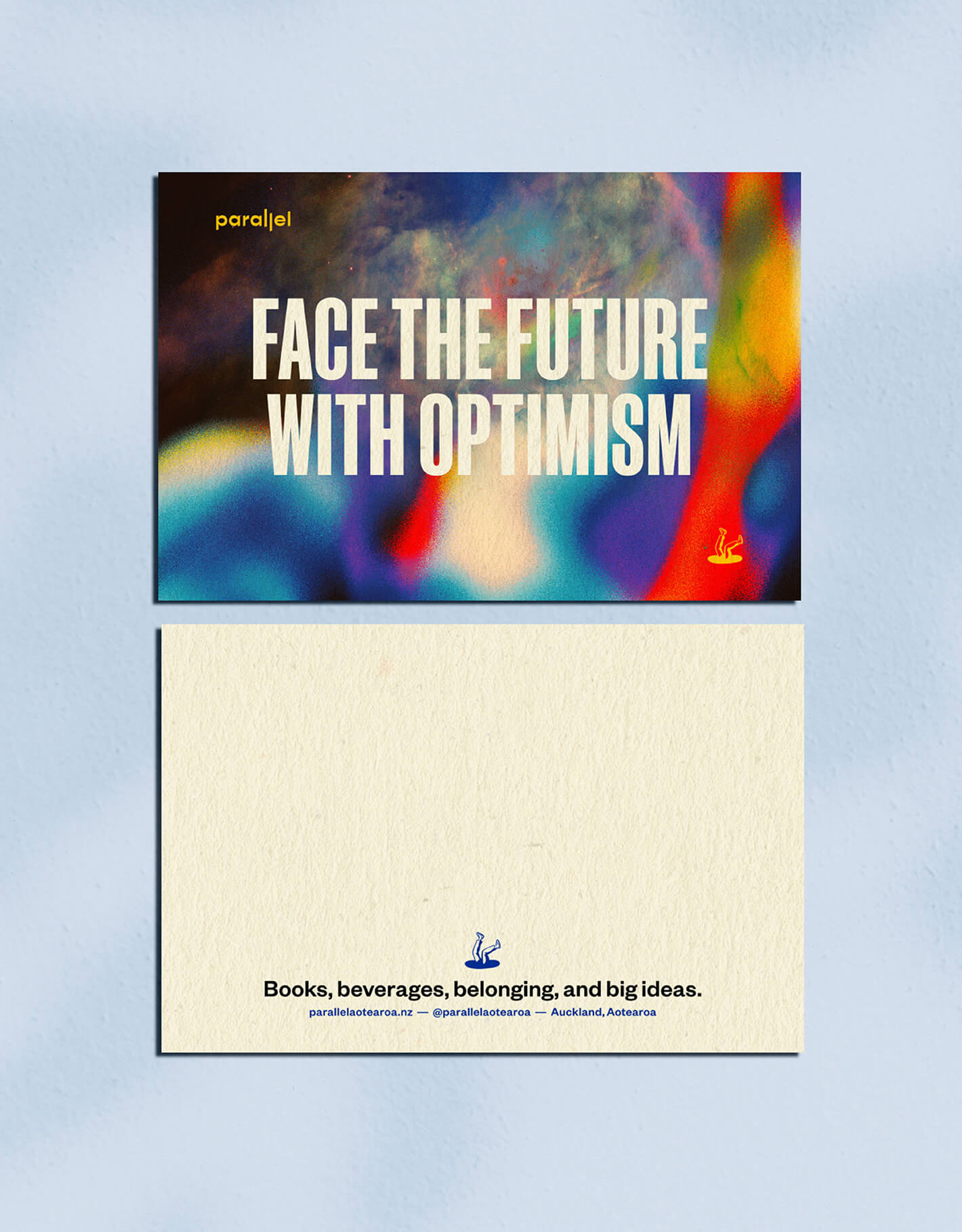 Brand designer portfolio image of the Parallel thank you cards. The front features a brand support graphic and the phrase ‘face the future with optimism’ while the back is mostly blank to allow for messages.