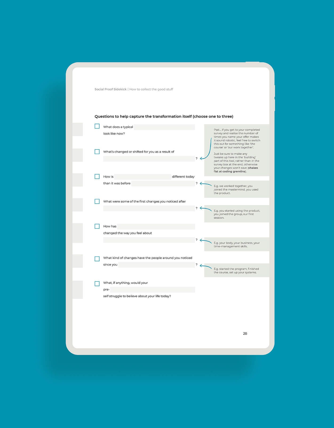 Brand designer portfolio image for the Social Proof sidekick shows an ipad on a blue background. A page of the form builder shows interactive PDF fields and annotations.