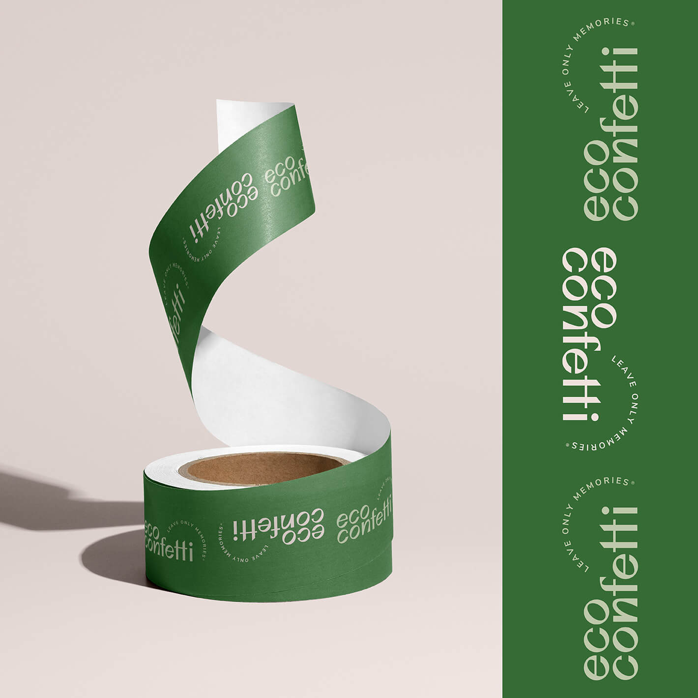 Brand identity case study image showcasing the Eco Confetti custom tape design. On a rich green background, the brand logo sits in alternating cream and light green.