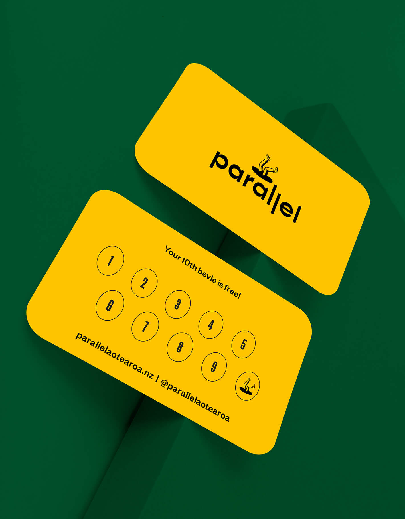 Brand identity case study for Parallel shows a coffee loyalty card. Printed on bold yellow stock, the front features a logo while the back has a stamp section to mark off.