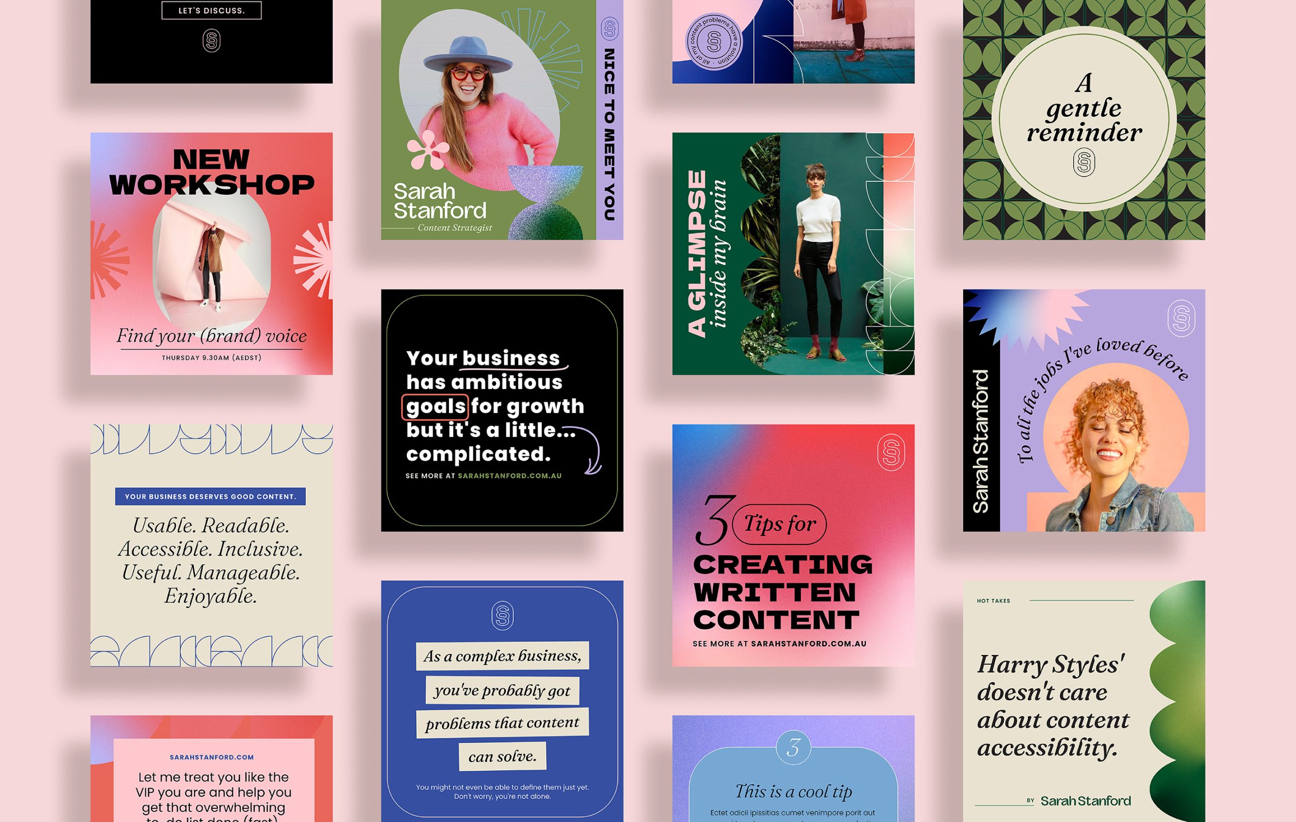 Brand identity case study image of Sarah Stanford’s social media templates. The imagery shows the bright brand colour palette, gradient support graphics and expressive typography.