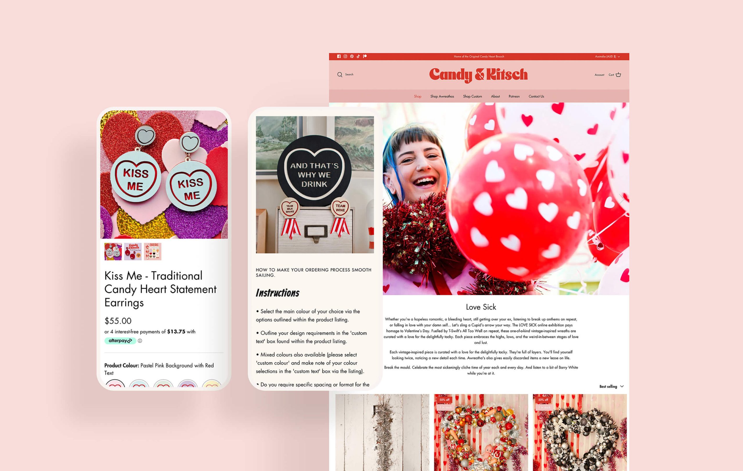 Brand identity case study image of some of Candy & Kitsch’s product and content pages on desktop and mobile.