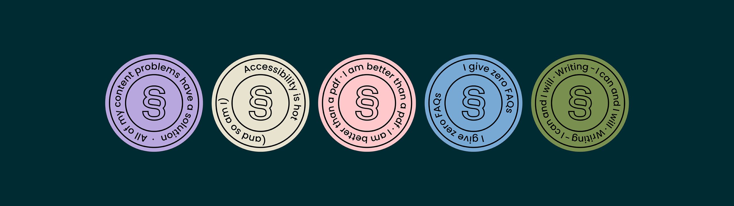 Rebranding case study image of Sarah Stanford’s content affirmation support graphics. In a retro-inspired colour palette, the imagery resembles stickers and contrasts to a deep green background.