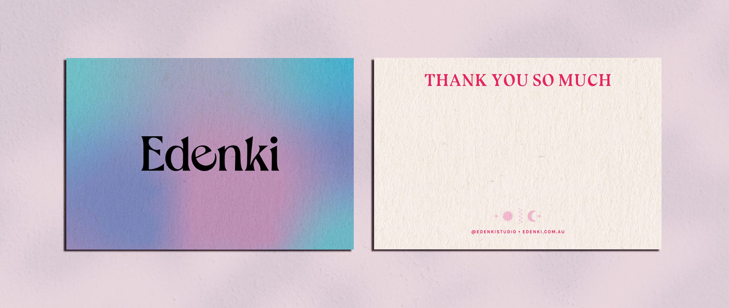 Brand design portfolio image of the Edenki thank you cards. The front image features the Edenki logo in black and a purple, pink and blue gradient. The back of the card is mostly blank for a written message with pink detailing.