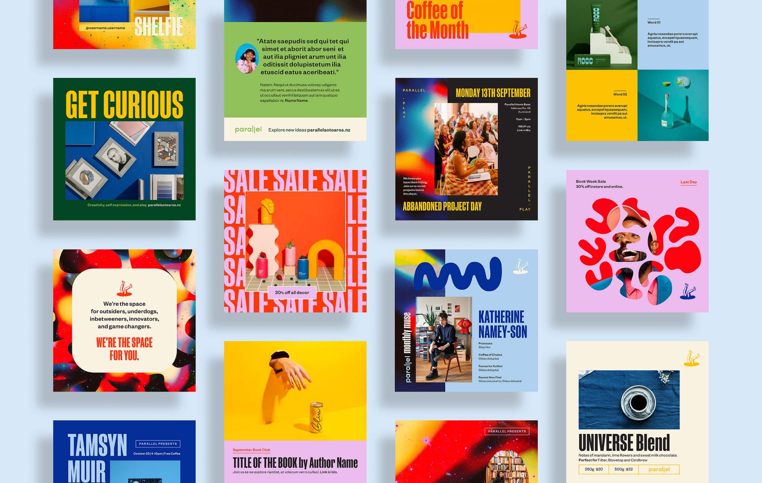 Brand identity case study image of Parallel’s social media templates. The imagery shows the bright brand colour palette, blobby support graphics, space gradients and clean typography.
