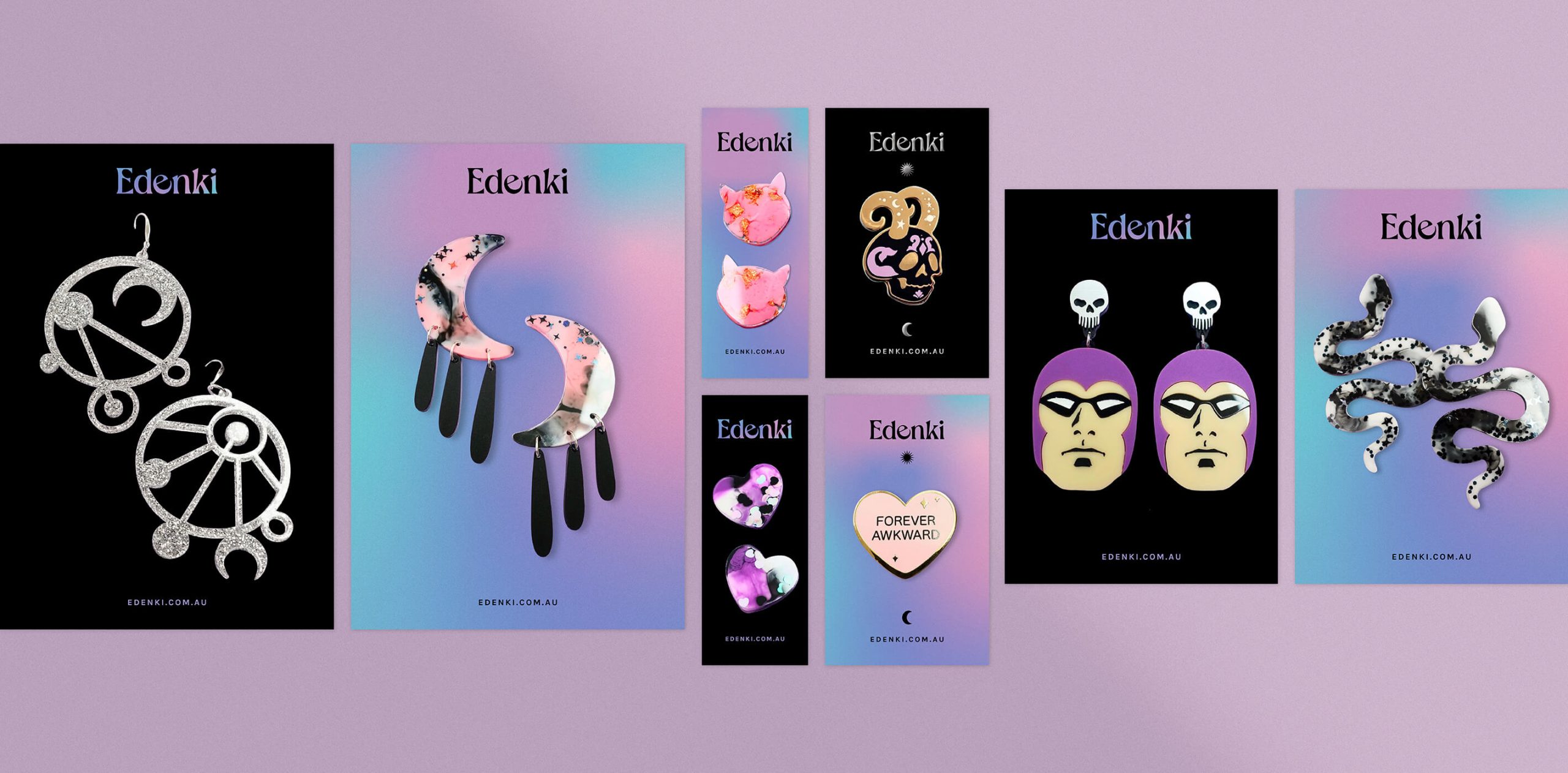 Rebranding case study image of the range of Edenki backing cards. A variety of sizes (for large, medium and small pieces, as well as enamel pins) feature either a black or gradient background to best suit a variety of pieces.