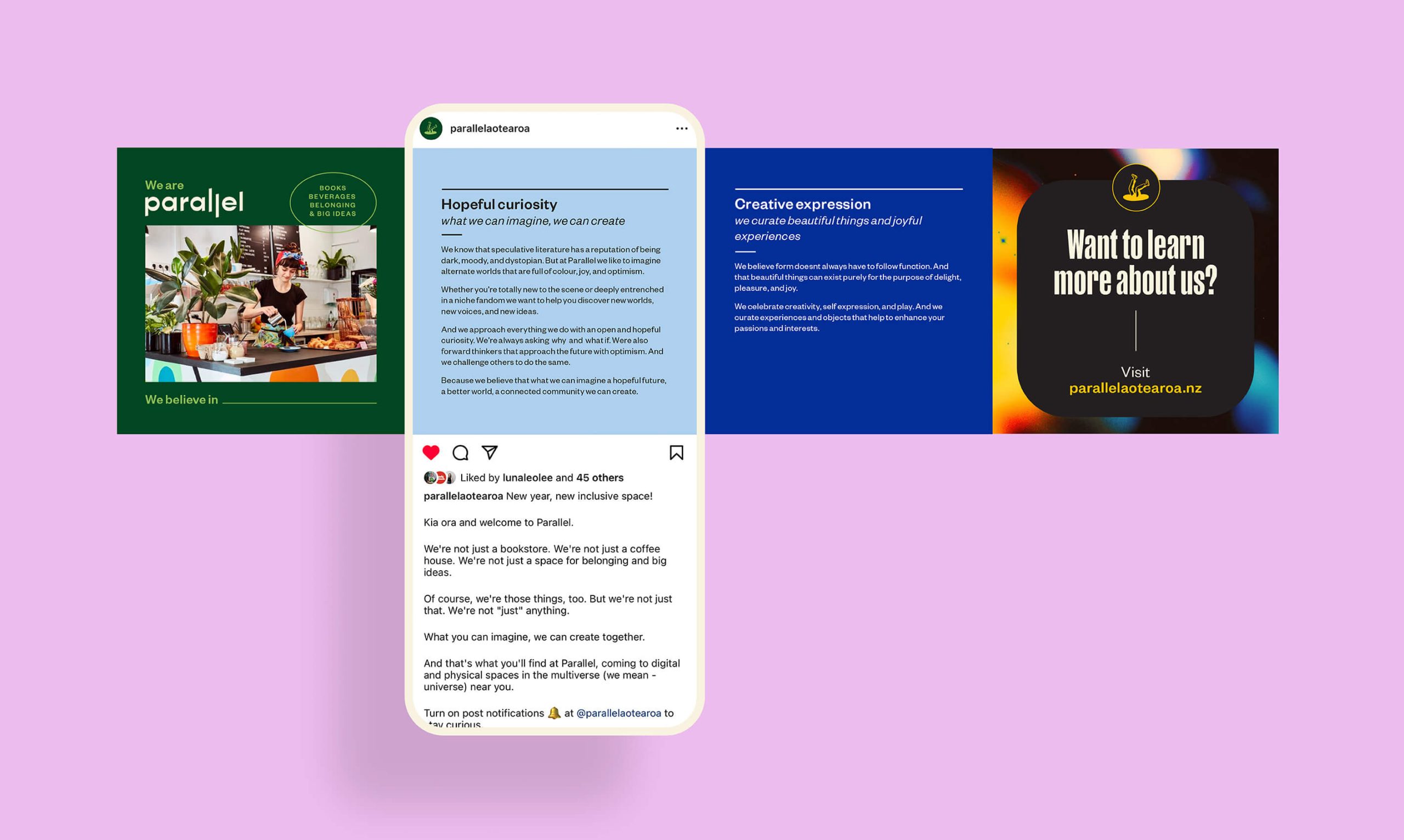 Brand identity case study image of one of the Parallel social media templates for carousel posts. A post sharing the brand’s values features bold colours and clean typography.