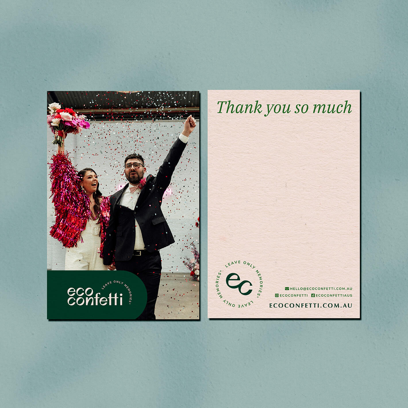 Brand design portfolio image of the Eco Confetti thank you cards. The front image features a couple and the brand logo while the back features contact information and space for a message.
