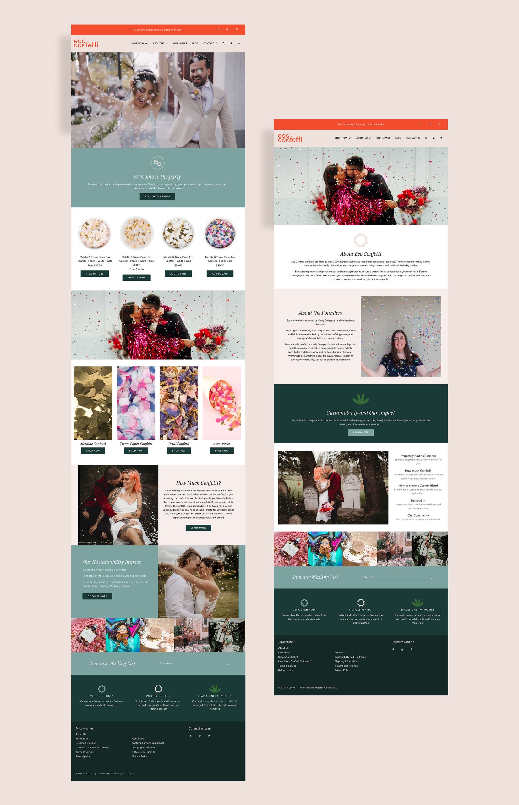 Brand identity case study image of Eco Confetti’s homepage and about page of their Shopify website. The layout features many sections and showcases the bright brand colours and consistent photographic style.