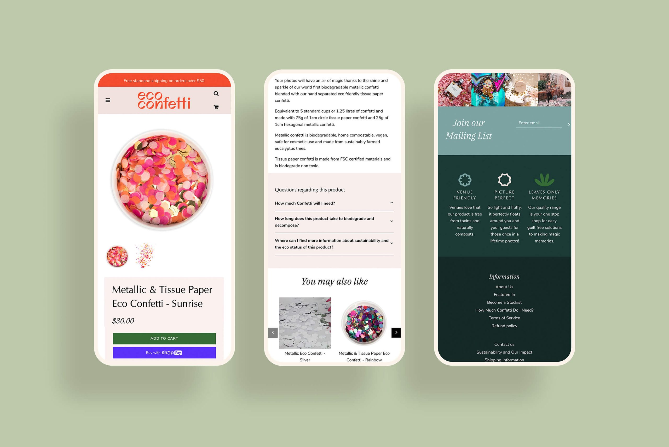 Brand identity case study image of some of Eco Confetti’s product pages on mobile.