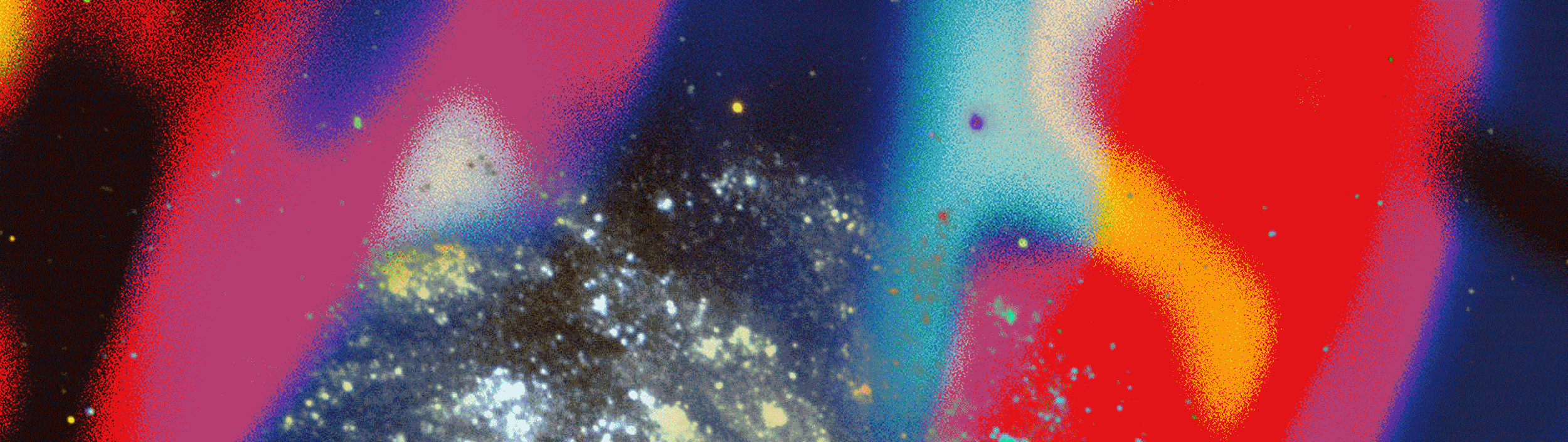 Rebranding case study brand support graphic for Parallel as a Gif. Vintage-feeling space backgrounds are overlaid with a colourful primary-colour style gradient with blobby shapes.