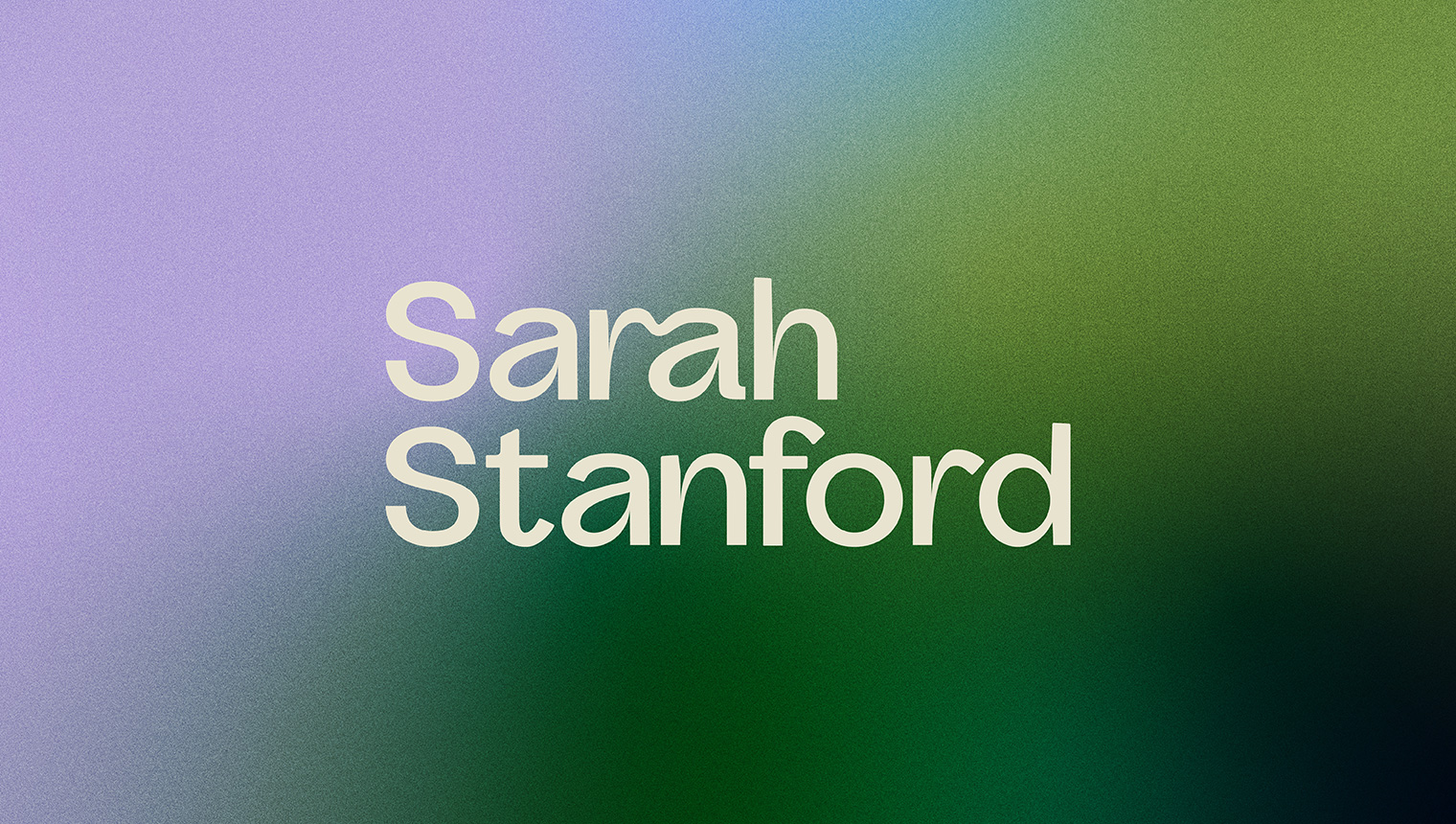 Rebranding case study thumbnail for Sarah Stanford showing the sans serif logo on a purple and green gradient background.
