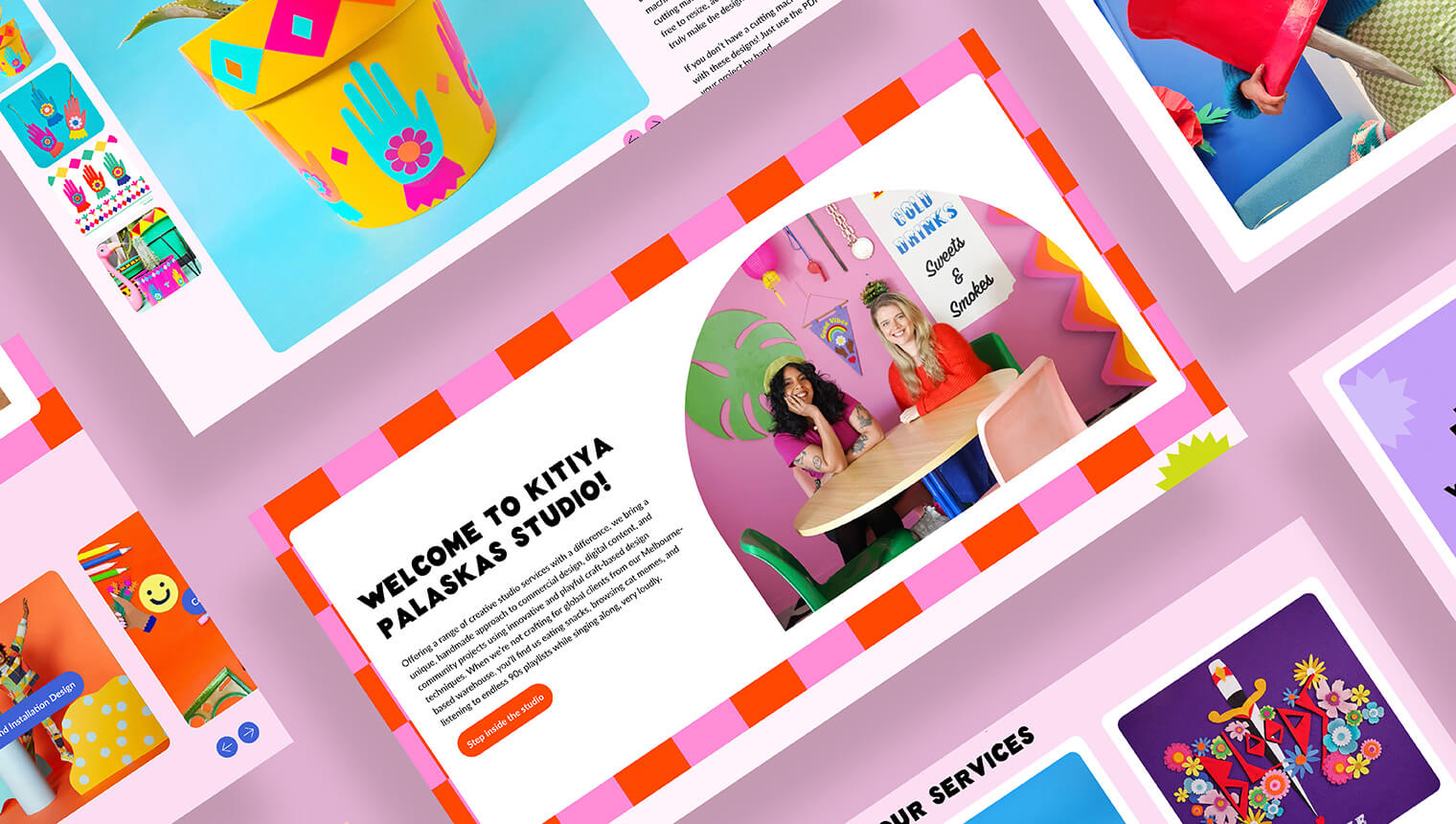Brand design portfolio showcasing several pages of the Kitiya Palaskas Shopify website design. The pages look bold and colourful and feature bright patterns and brand photography.