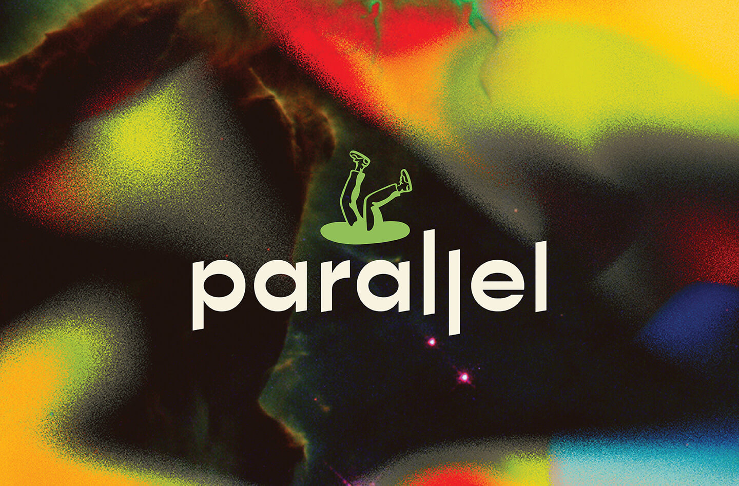 Brand design portfolio cover image for Parallel that contains a spacey-textured image with a noisy primary-coloured gradient overlaying. In the centre is the Parallel logo- a simple sans serif logotype with a small yellow illustrative icon of a pair of legs falling into a hole.